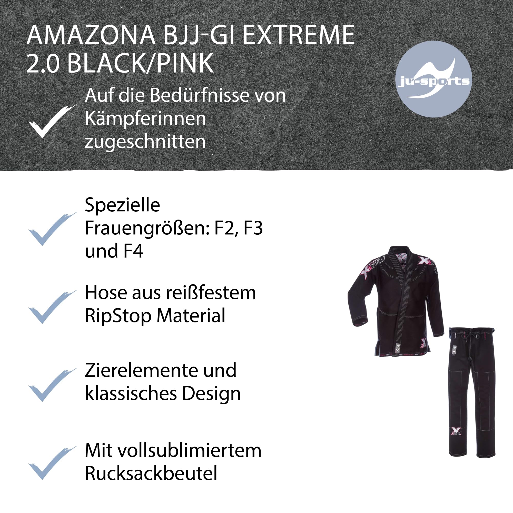 Ju-Sports BJJ Gi Damen EXTREME 2.0 schwarz/pink - Topmoderner Brazilian Jiu Jitsu Anzug flexibel & reißfest, 500g/qm Stoffgewicht, Herausragendes Tragegefühl