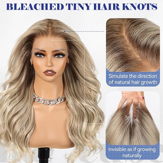 HAIRCUBE 13x6 HD Synthetic Lace Front Wig, 24 Inch Ash Blonde Long Curly Layered Wigs, Natural Density Hairline Glueless Wigs for Women Daily Use