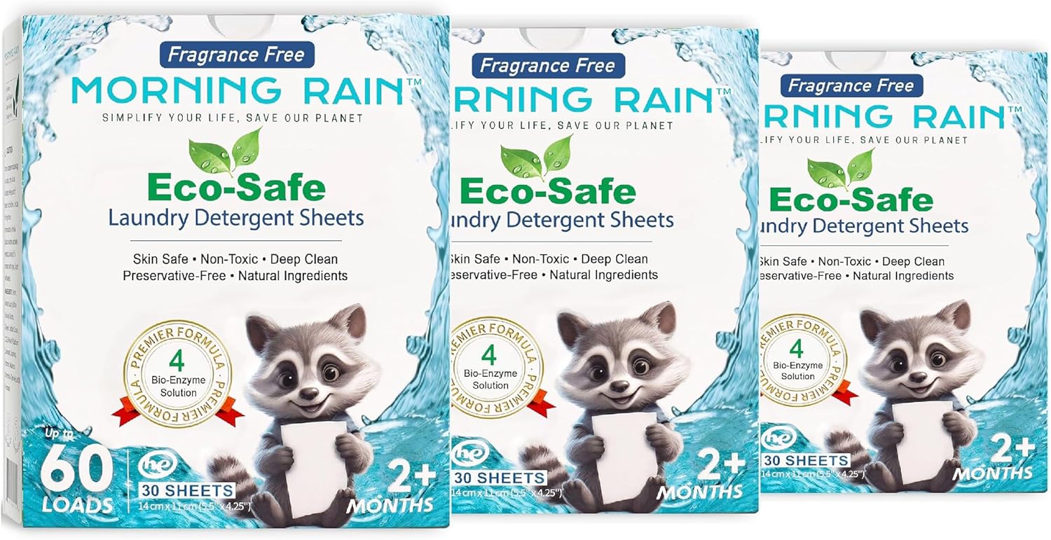 MorningRain Eco Laundry Detergent Sheets - Ingredients from Finland, Unscented, Bio-Enzyme Formula, Power Clean, 90 Sheets (Up to 180 Loads) - Non-Toxic, Preservative-Free, Skin Safe, Designed in USA