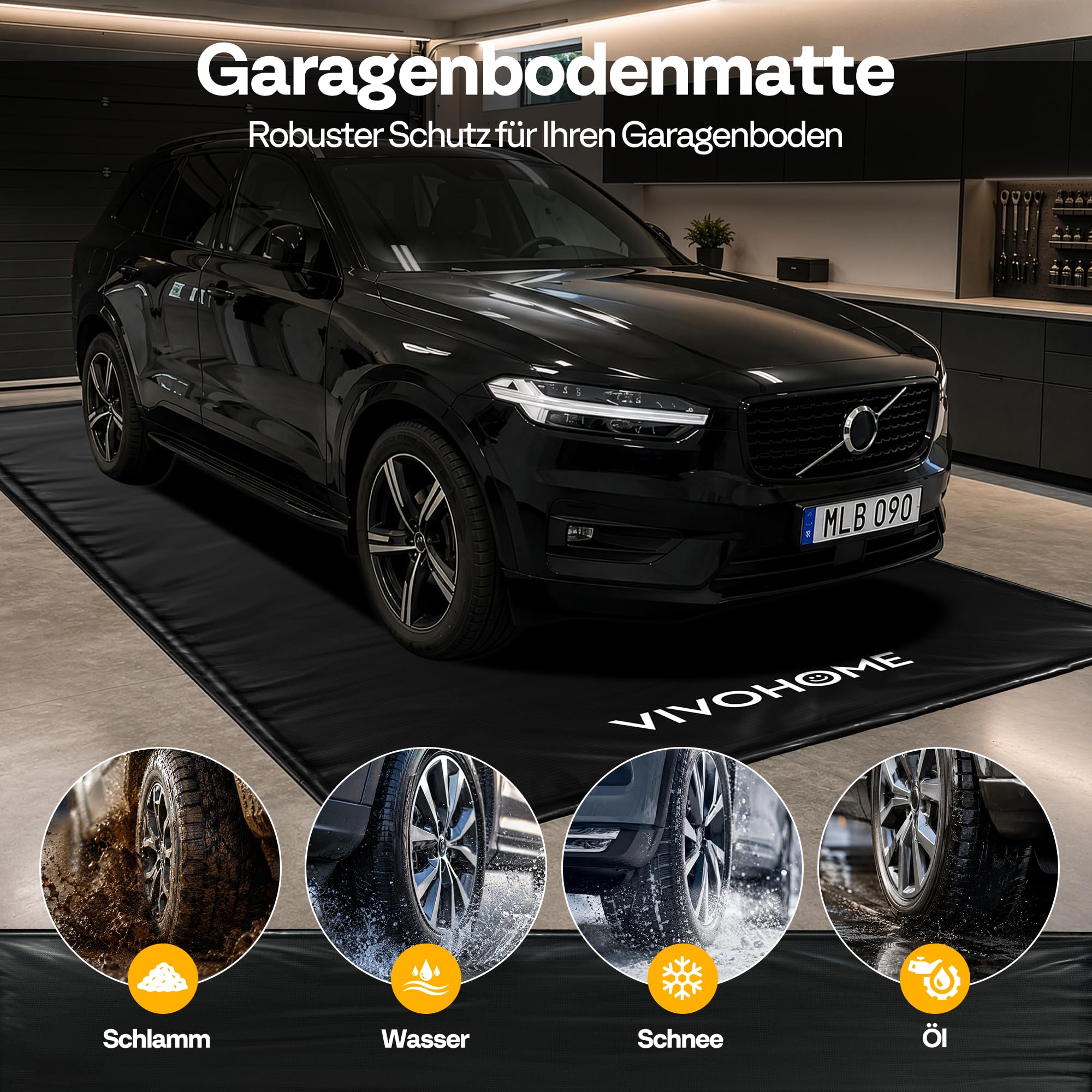 VIVOHOME Garagenbodenmatte, wasserdichte PVC Matte, 256×609cm, Schwarz | Wasserdicht, PVC
