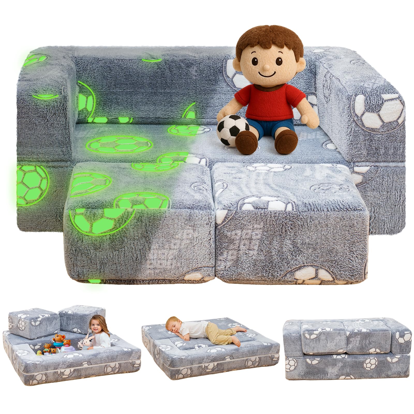 Lamerge Toddler Couch Glow in The Dark Toddler Fold Out Couch for playroom, Convertible Baby Fold Out Play Foam and Floor Cushion for Bedroom (Grey+