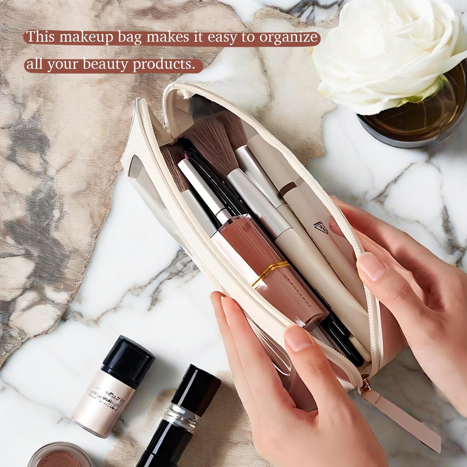 Clear Makeup Brush Bag Case,Leather Travel Make up Brush Holder, Portable MakeupBrush Case, Make Up Brush Pouch for Makeup Tools, Cosmetic Organizer with Zipper (White)