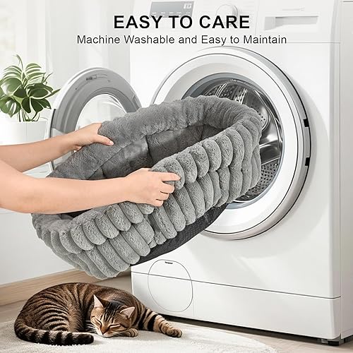 Miniatura 7 de Cama para gatos, cama para gatitos, camas redondas lavables para gatos de interior, cama de felpa súper suave de piel sintética para cachorros y
