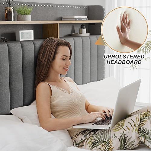 Miniatura 5 de EnHomee Base de cama de tamaño matrimonial con cabecera y almacenamiento, marco de cama matrimonial tapizado con almacenamiento, marco de cama