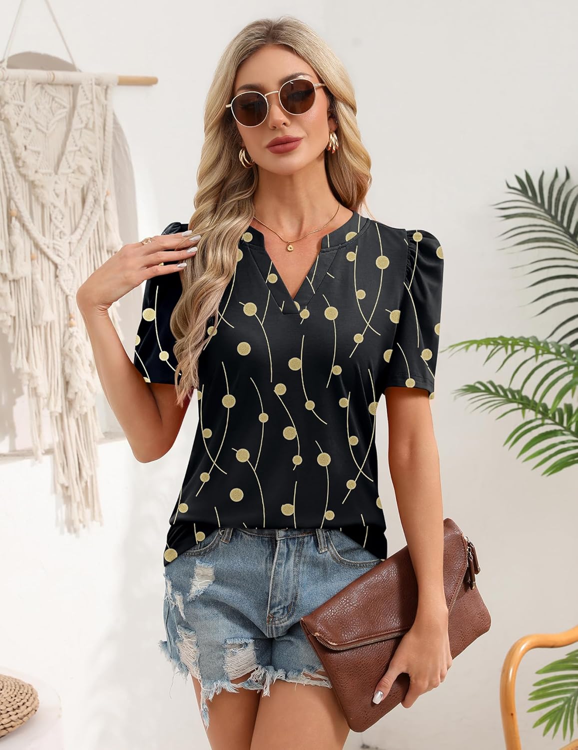 Zeagoo Women Blouses Puff Short Sleeve Tops V Neck Dressy Casual Spring Shirts Boho Floral Cute Clothes 2026 - Image 2