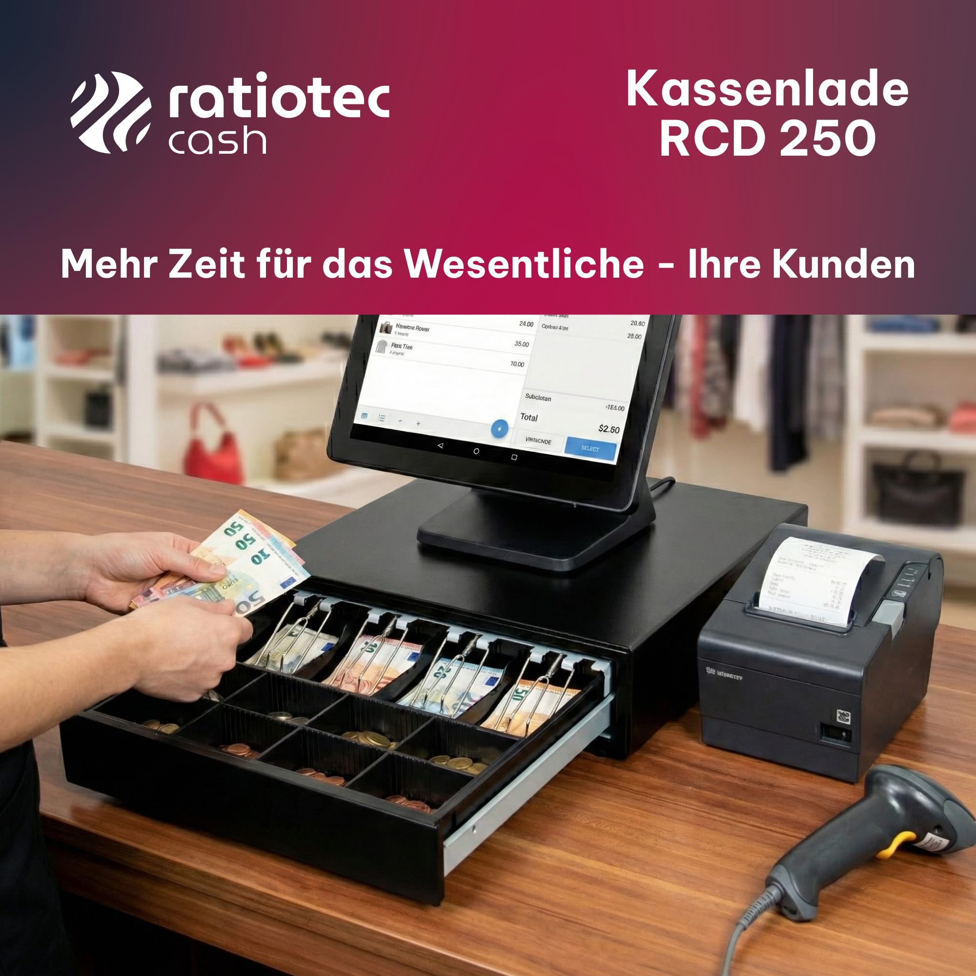 Ratiotec Cash RCD 250 Tiroir-caisse électronique, 8 compartiments à pièces, 4 compartiments pour billets, rails télescopiques, caisse à monnaie verrouillable pour systèmes de caisse et imprimante de