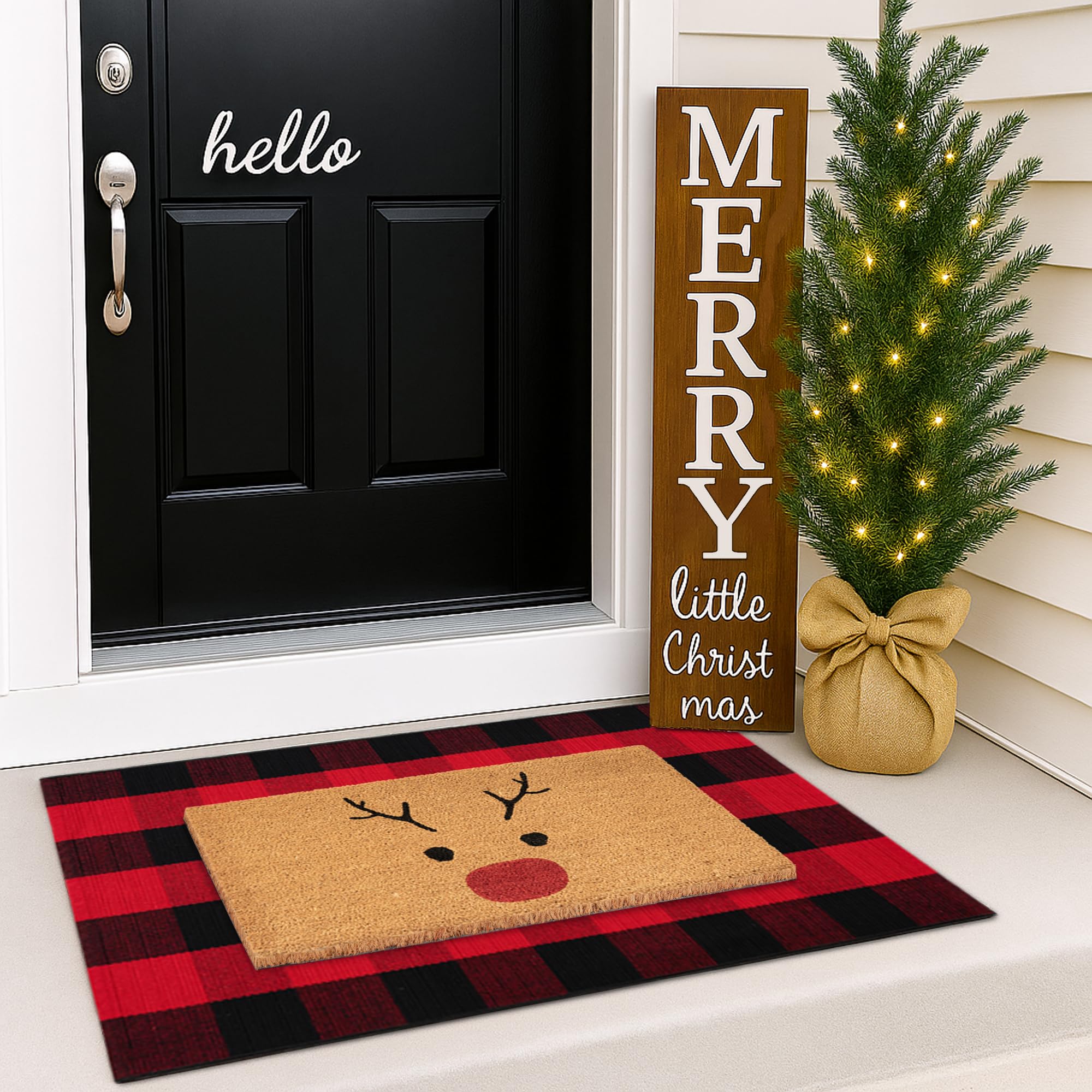 Juego combinado de felpudos de Navidad, tapete de bienvenida 100% fibra de coco + alfombra a cuadros rojos y negros de 3 x 5 pies, tapete de colección de ciervos de Navidad para decoración de entrada
