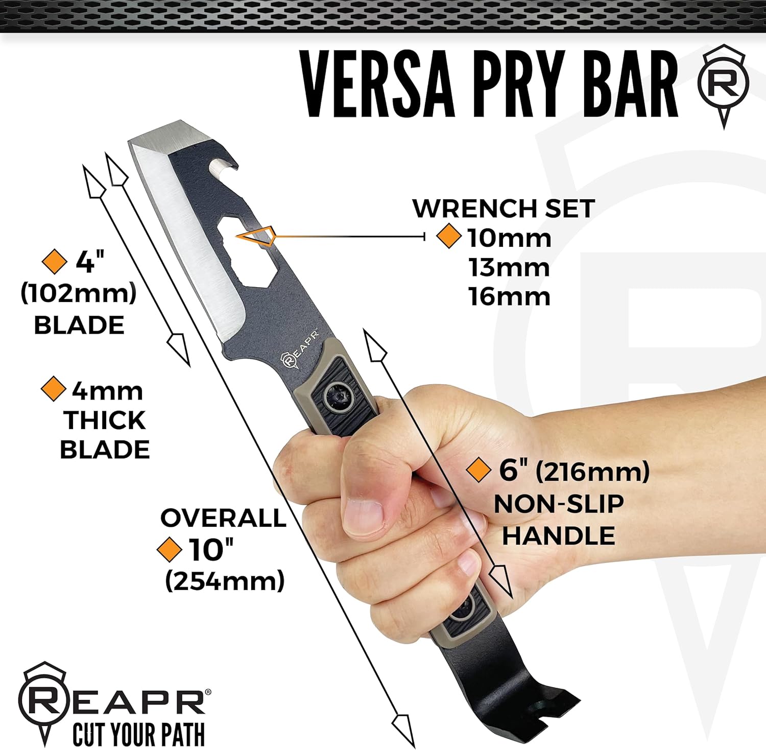 Reapr VERSA TAC 10" Multi-Tool Pry Bar – Compact Utility Tool with Ripper Hook, Wrenches, Nail Puller, Non-Slip Handle, for Camping, EDC, Repairs, & DIY Projects, Includes Ballistic Nylon Sheath