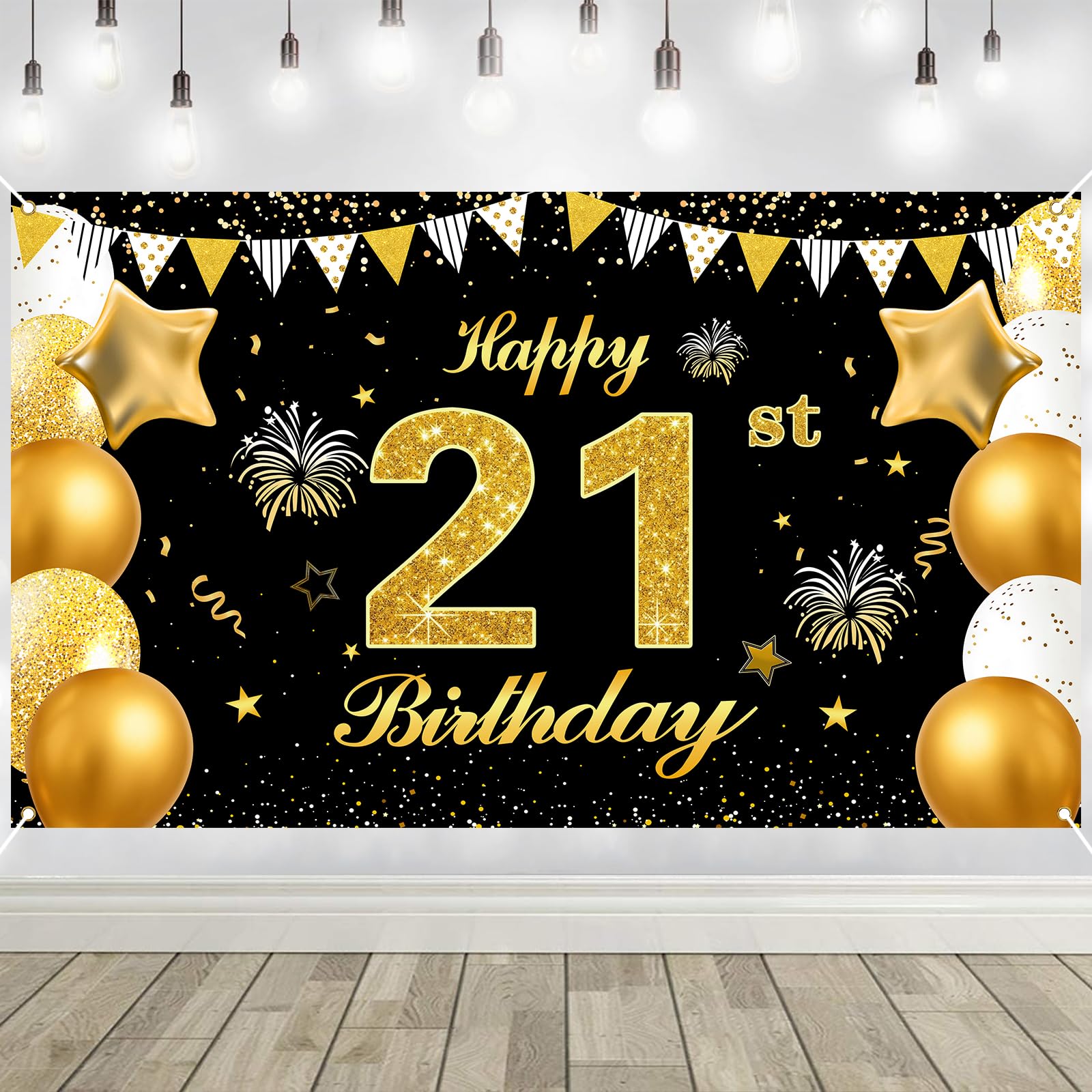 21st Birthday Decorations Banner Gold Black Happy Birthday Door Banner for Party Photo Backdrop for Men Women Home Outdoor Cover Party Decoration Supplies Poster — image 1