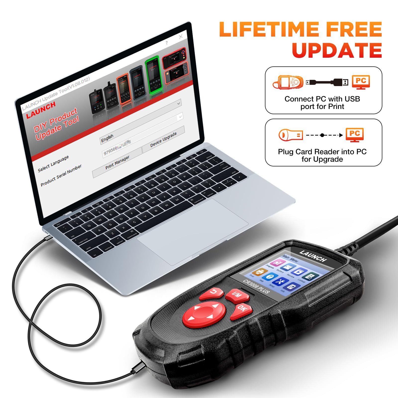 LAUNCH CR3008 Plus obd2 urządzenie diagnostyczne skaner, dożywotni czytnik kodów aktualizacji, czytnik kodów silnika OBDII narzędzie do skanowania samochodów dla wszystkich pojazdów po 2002 roku