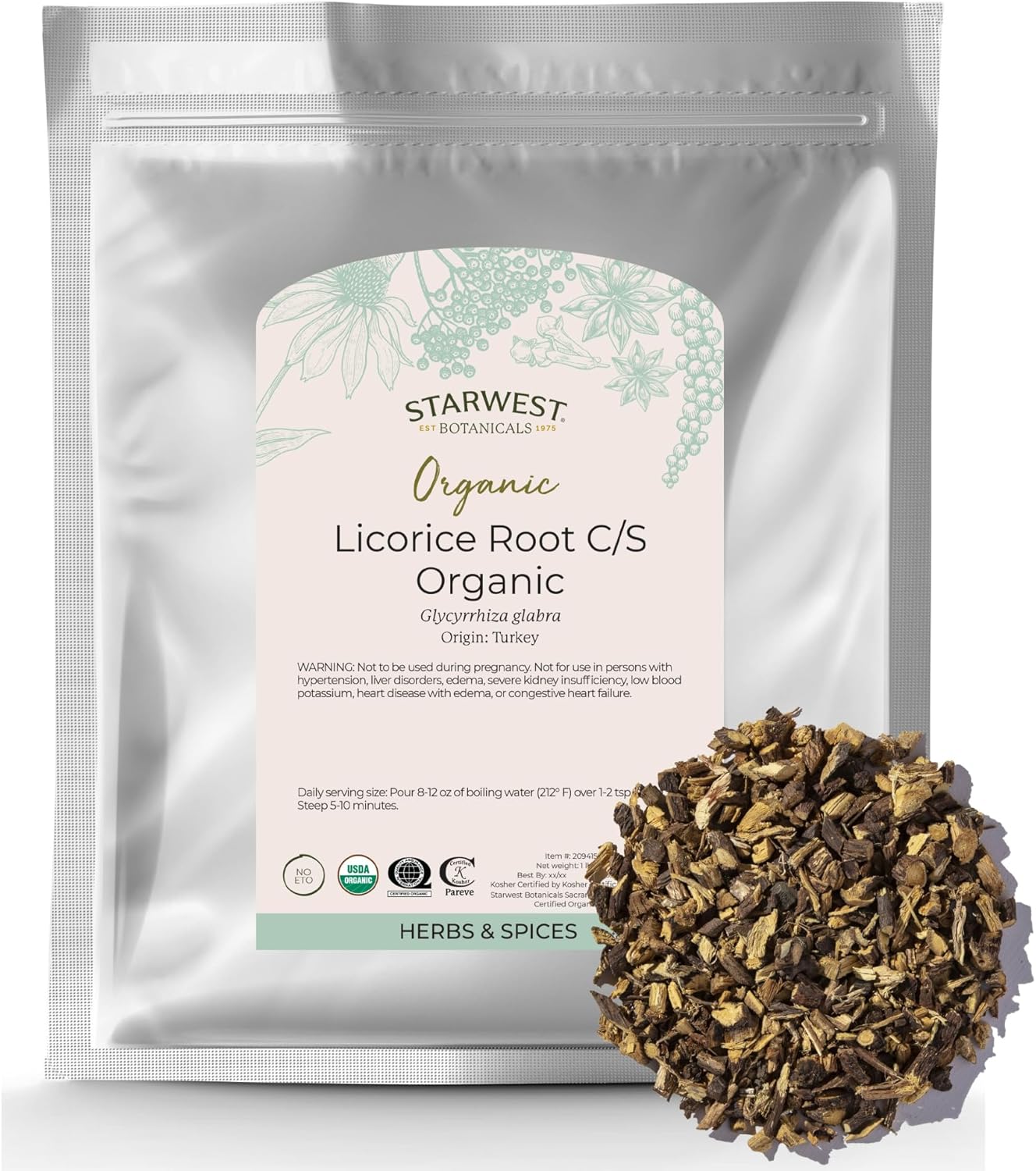 Starwest Botanicals Organic Dried Licorice Root - Herb for Loose Leaf Tea Blends, Candy, & Baked Goods, Cut & Sifted, Certified Kosher, Non-GMO - Bulk 1 lb Bag