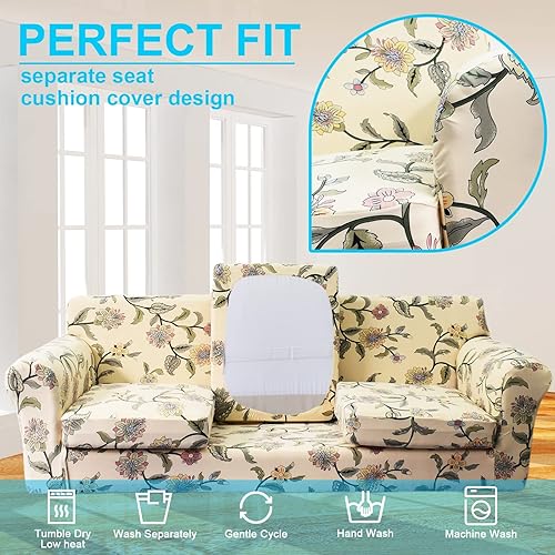 Miniatura 5 de Funda impermeable para sofá con estampado de 2 piezas, funda elástica para sillón con funda de cojín de sofá, lavable, protector de muebles para