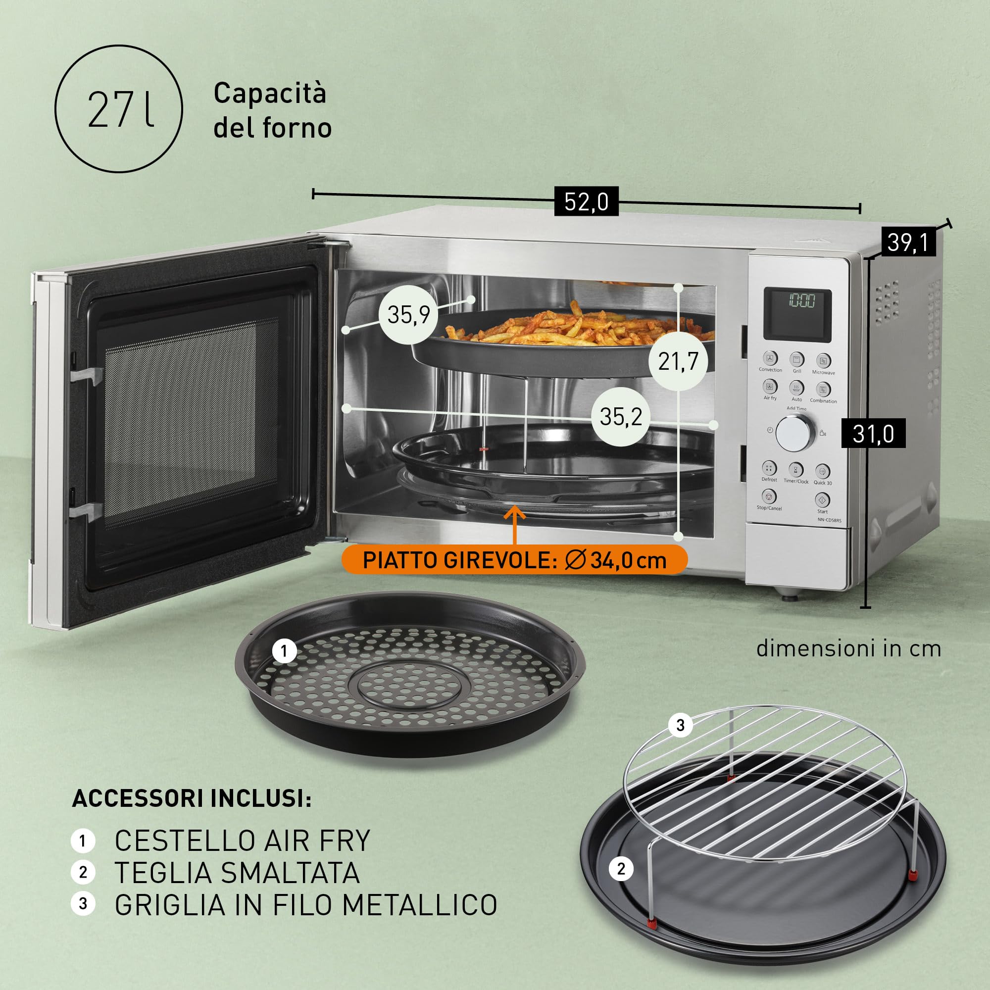 Panasonic NN-CD58RSEPG Friggitrice ad Aria e Forno a Microonde Combinato 4 in 1 da 27 L, Inverter da 1000W, Grill da 1300W, Convezione, 19 Programmi Automatici, Acciaio Inossidabile