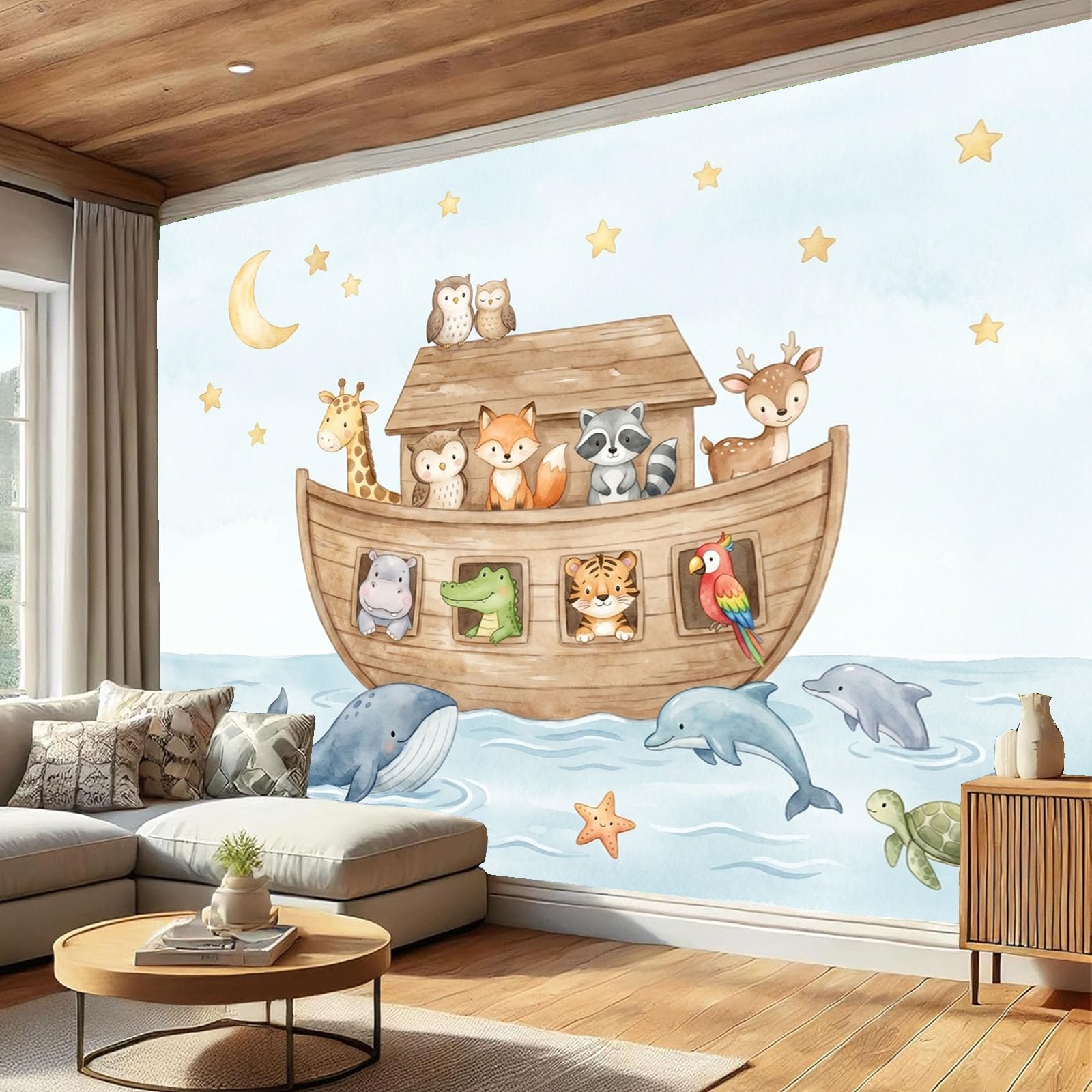 Papier peint panoramique animaux de l'arche en soie sur mesure pour chambre d'enfant 200x140cm