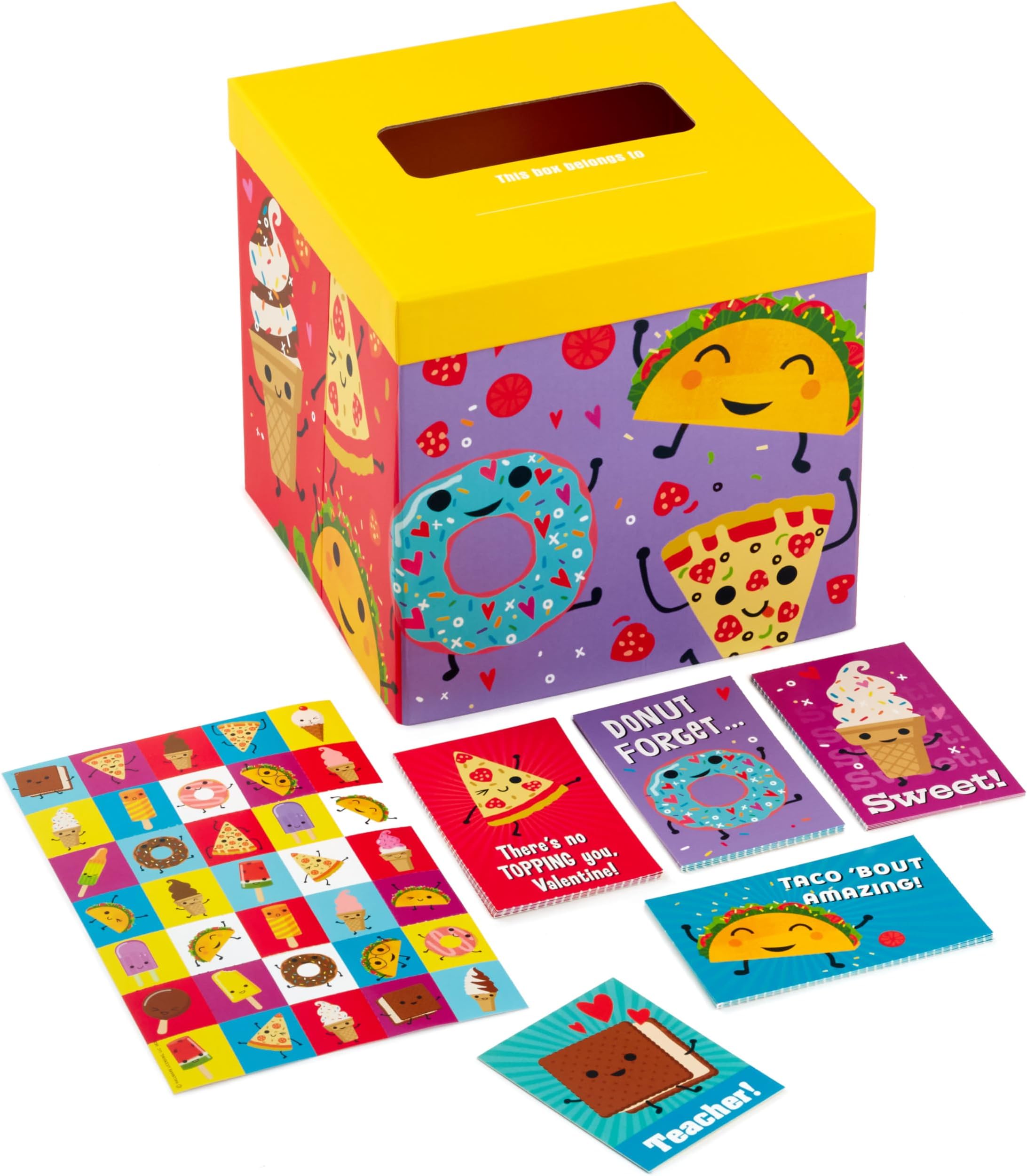 Hallmark Valentines Day Cards and Mailbox for Kids School Classroom Exchange, Punny Foods (1 Box, 32 Valentine Cards, 35 Stickers, 1 Teacher Card)