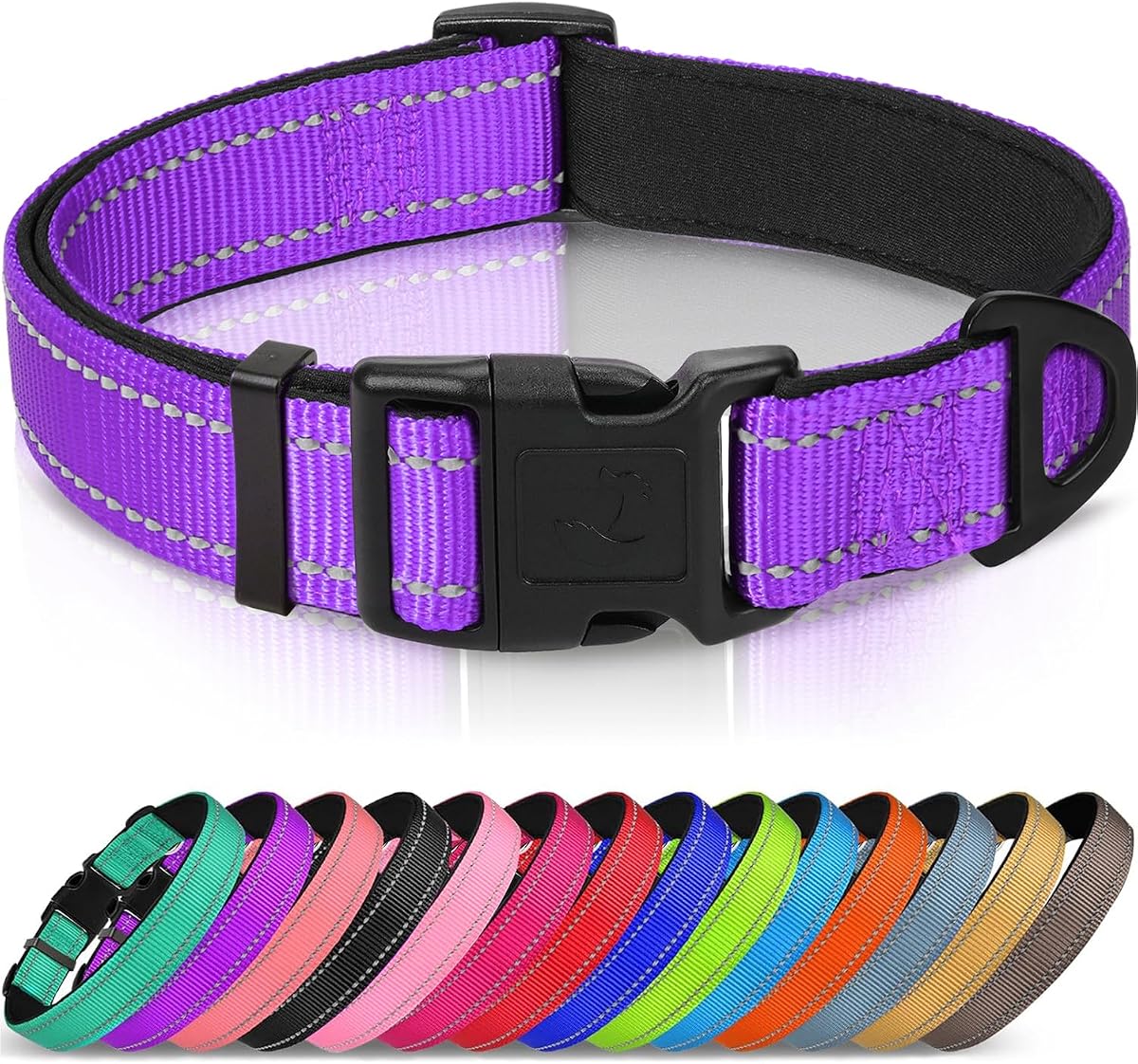 Joytale Reflective Dog Collar, Adjustable Neoprene Padded, Purple L | Breathable Nylon for Large Dogs, No Chafing on Walks and Outdoor Hikes, Tear-Resistant Webbing, Metal D-Ring, Night Safety