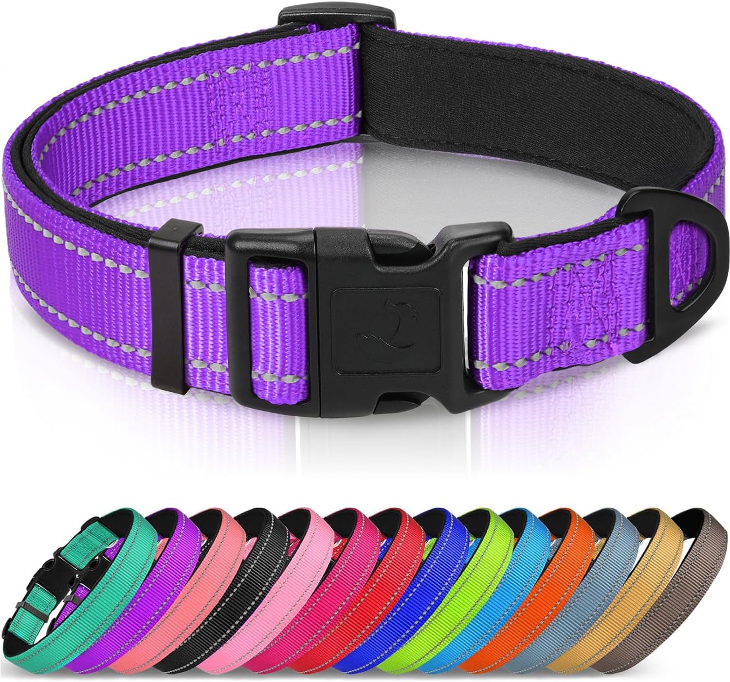 Joytale Reflective Dog Collar, Soft Neoprene Padded, Metal D-Ring, Nylon Pet Collar Adjustable for Medium Dogs, Purple, M