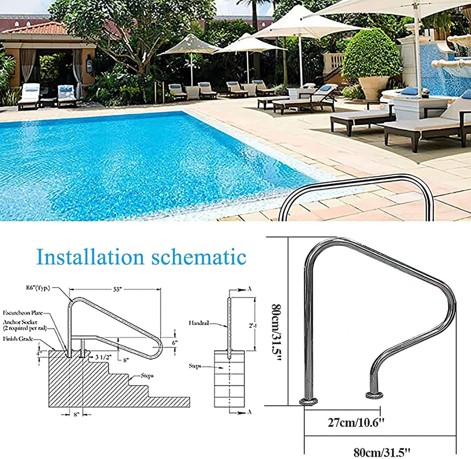 Sturdy Pool Safety Handrails 304 Stainless Steel Swimming Pool Handrail, Pool Railing Capacity Silver Rustproof Pool Handrail for Private Pool and Public Pond