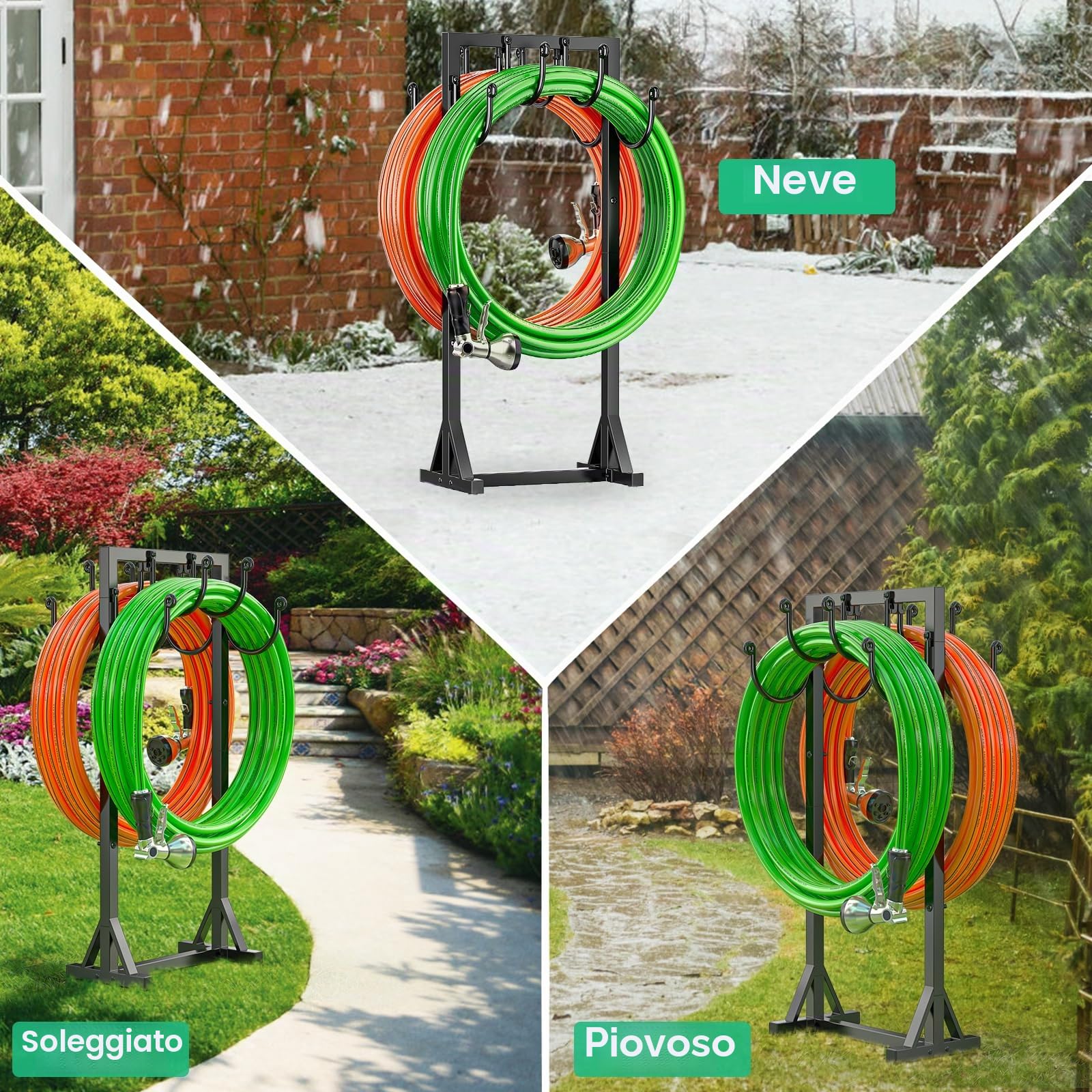 Bomclap Supporto per tubo da giardino, 116 cm, supporto per tubo a doppia faccia, autoportante per giardino, supporto per tubo dell'acqua in metallo rimovibile con ganci, heavy duty, supporto stabile