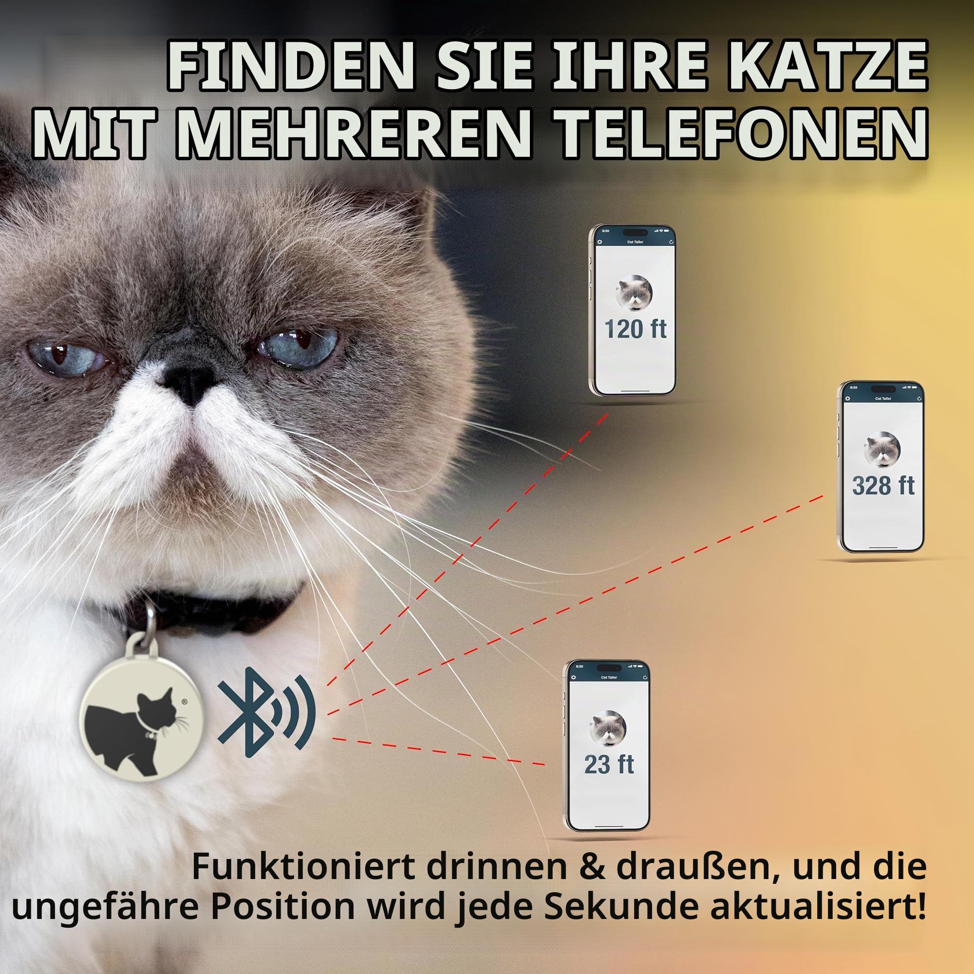 Katzen-Tracker – kleines und leichtes wasserdichtes Bluetooth-Halsband für Haustiere, 100 m Reichweite, austauschbare 6 Monate Akkulaufzeit, kompatibel mit Android/Apple iOS