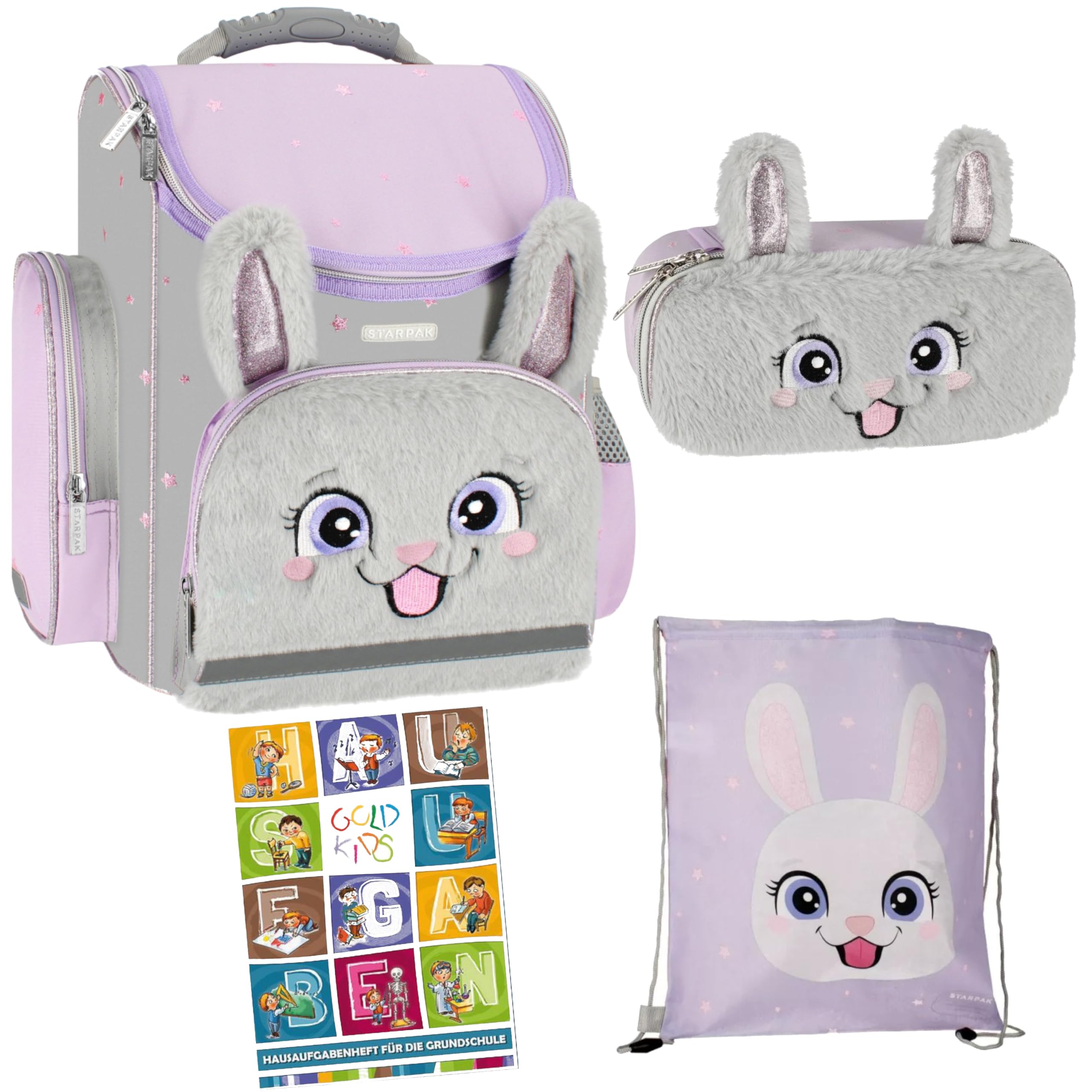 Goldkids - Schulranzen für Madchen, 4er-Set - Schul-Rucksack für Kinder mit Federmäppchen - Schuhbeutel und Hausaufgabenheft - Kaninchen Motiv - 1-3 Klasse