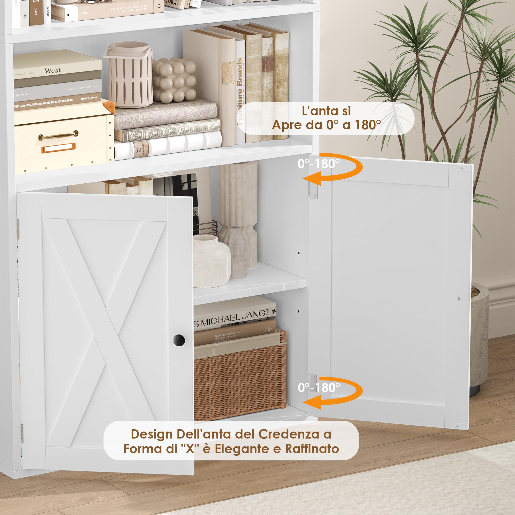 FirFurd Libreria Scaffale 209 cm con 7 Scomparti Aperti, libreria Verticale con Ante, Libreria da Parete con Ripiano Regolabile, per soggiorno, ufficio, cucina, 60 x 23,5 x 209 cm (Bianco)