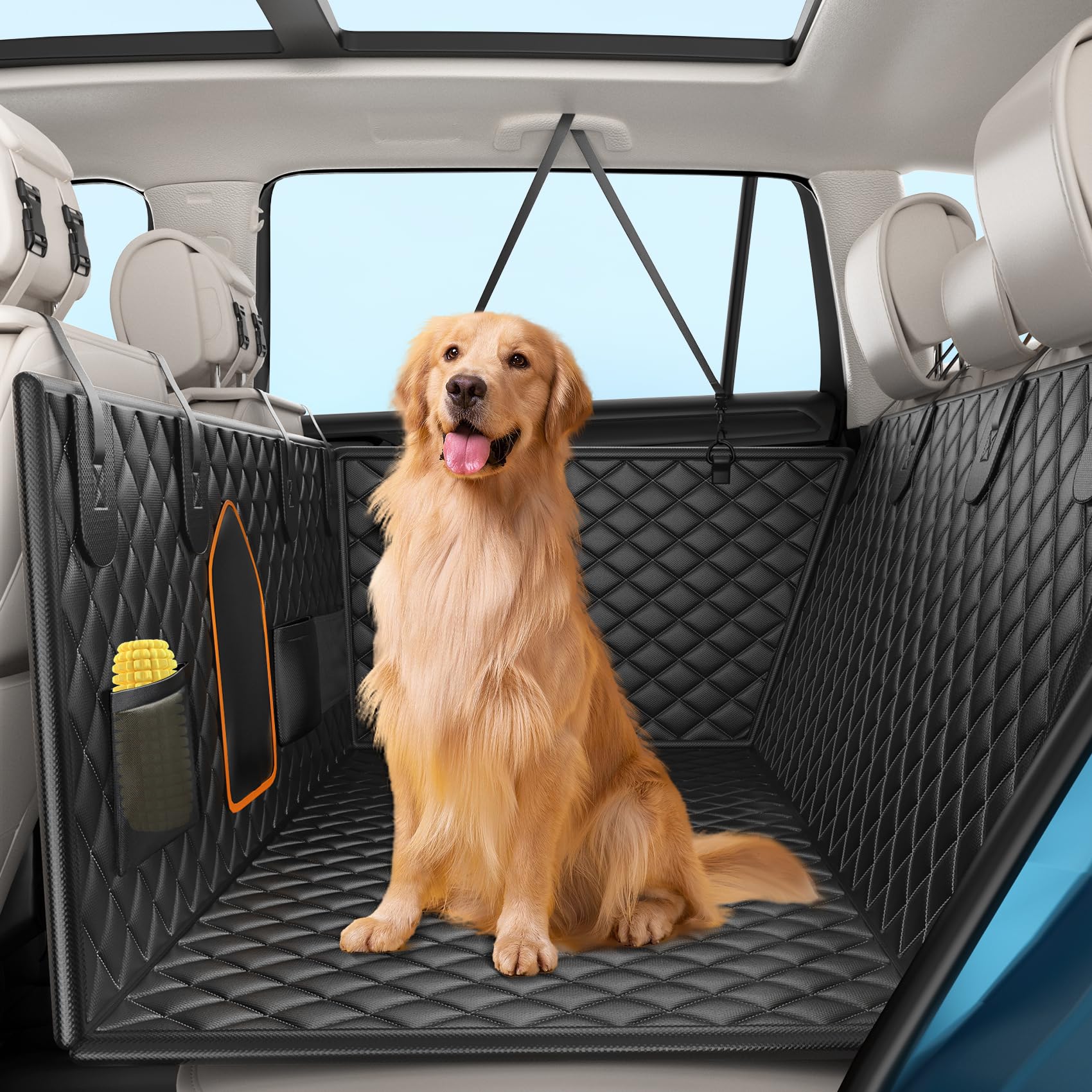 XXL Truck Back Seat Extender for Dogs, Dog Car Seat Cover with Hard Bottom Support 400LB, Waterproof Car Seat Protector with Mesh Window and Storage Pocket, Car Hammock for Full-Size Trucks, SUV