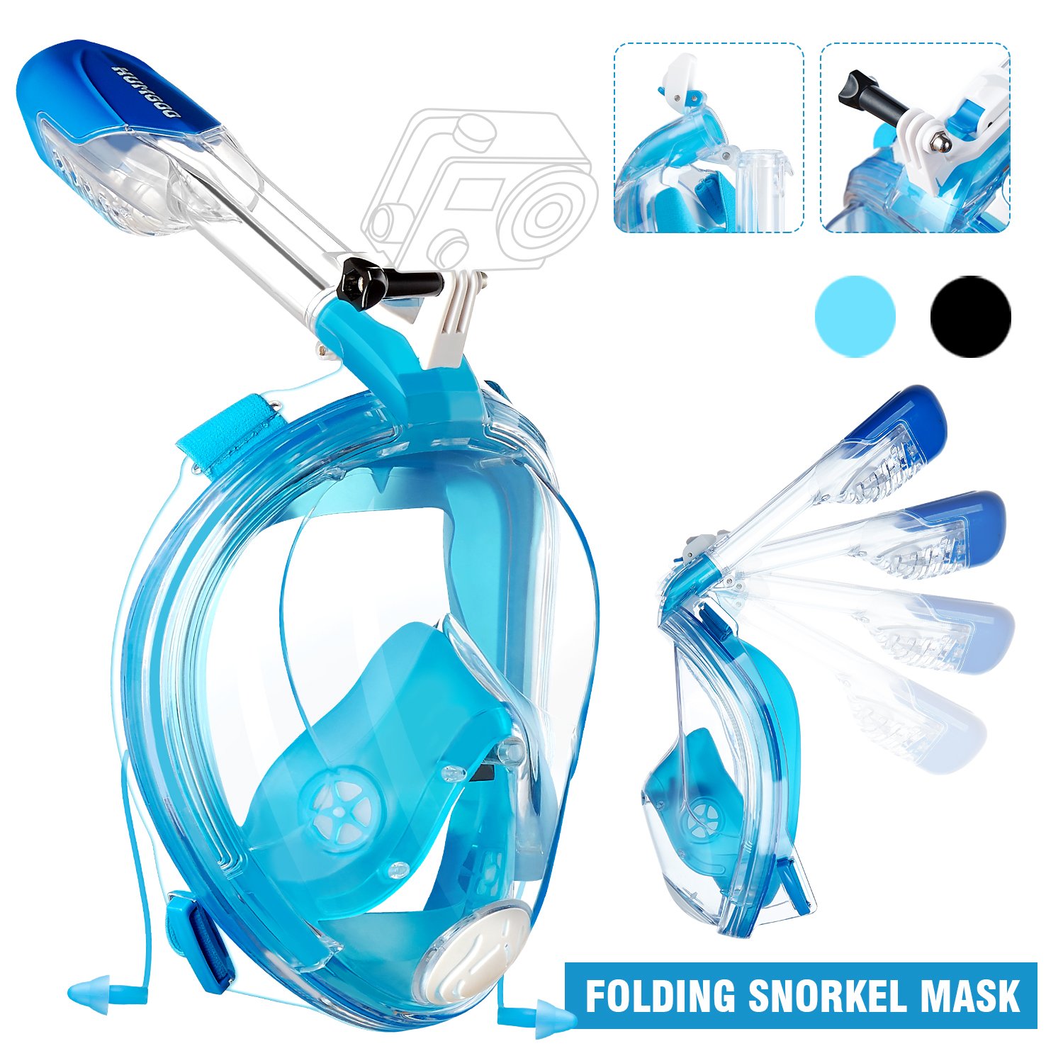 HUMGOO Snorkel Set, Scuba Snorkel Set with Tempered Glass Lens & Full-dry Top Snorkel, 180 Degree Panoramic Mask with action camera adapter design, Food-Grade Silicone Mouthpiece for Men and Women