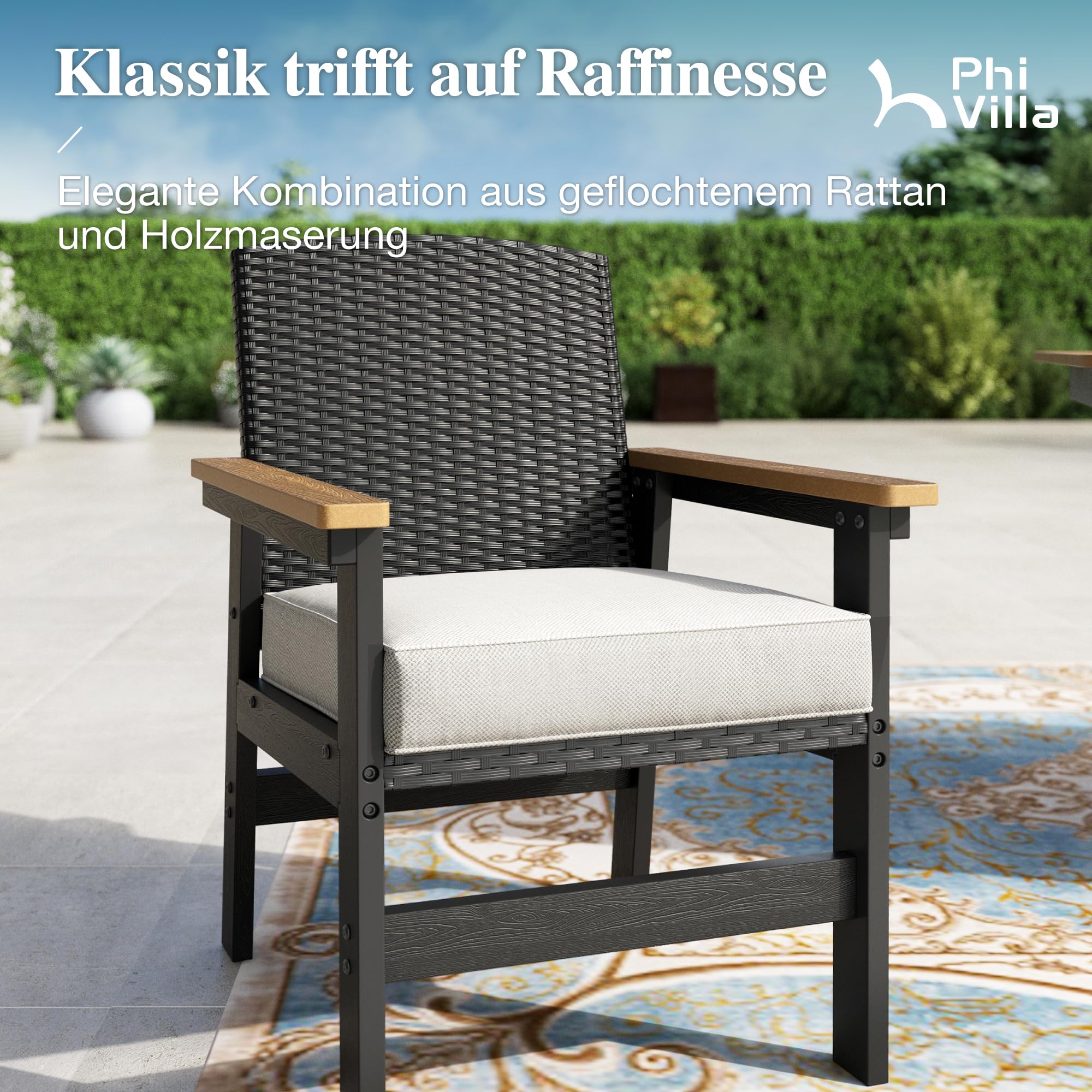 PHI VILLA 7-teiliges Rattan Gartenmöbel Set mit Esstisch und 6 Stühlen, Gartentisch Wetterfest und Gartenstuhl mit Dickerem Kissen, E-Beschichtung Metall Terrassenmöbel Outdoor Balkonmöbel Set für 6