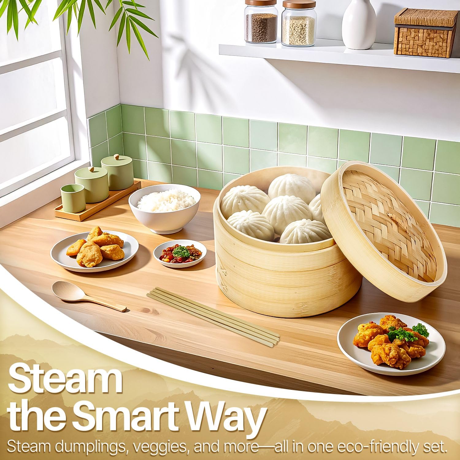 Flexzion Set vaporiera cestello per cucina a vapore in bambù (25 cm / 10 pollici) con 50 strisce per cottura e 2 paia di bacchette, Accessori elettrodomestici di bamboo per cottura di alimenti