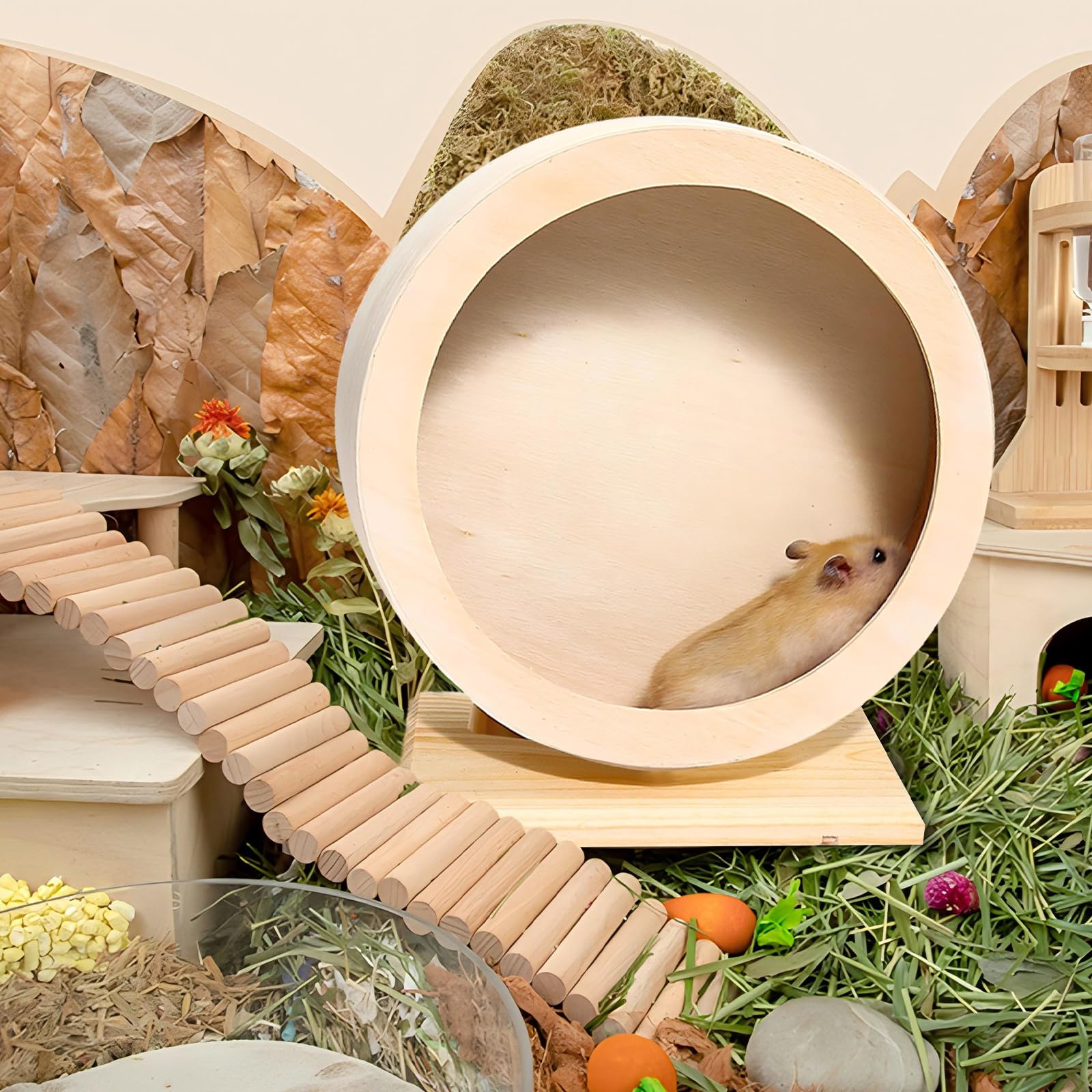 Hamsterrad Holz 25 cm, Leise Laufrad für Hamster mit Korkstreifen und Standfuß für Hamster, Chinchillas, Mäuse und Kleintiere, Sicher und Stabil für Käfigtraining