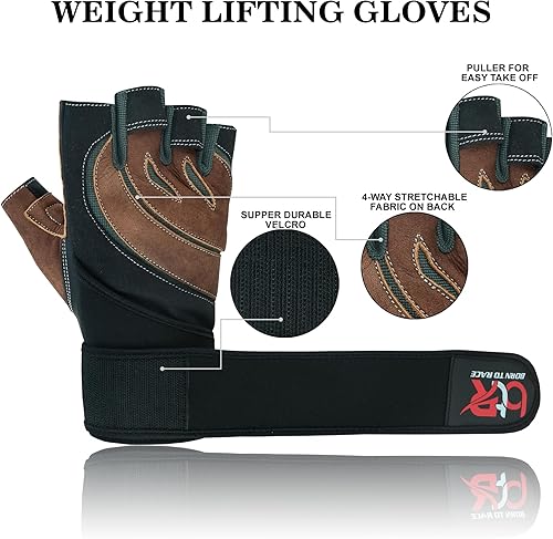 Miniatura 5 de BTR BORN TO RACE Guantes acolchados de cuero para levantamiento de pesas para hombres y mujeres, para culturismo sin dedos, soporte de muñeca larga,