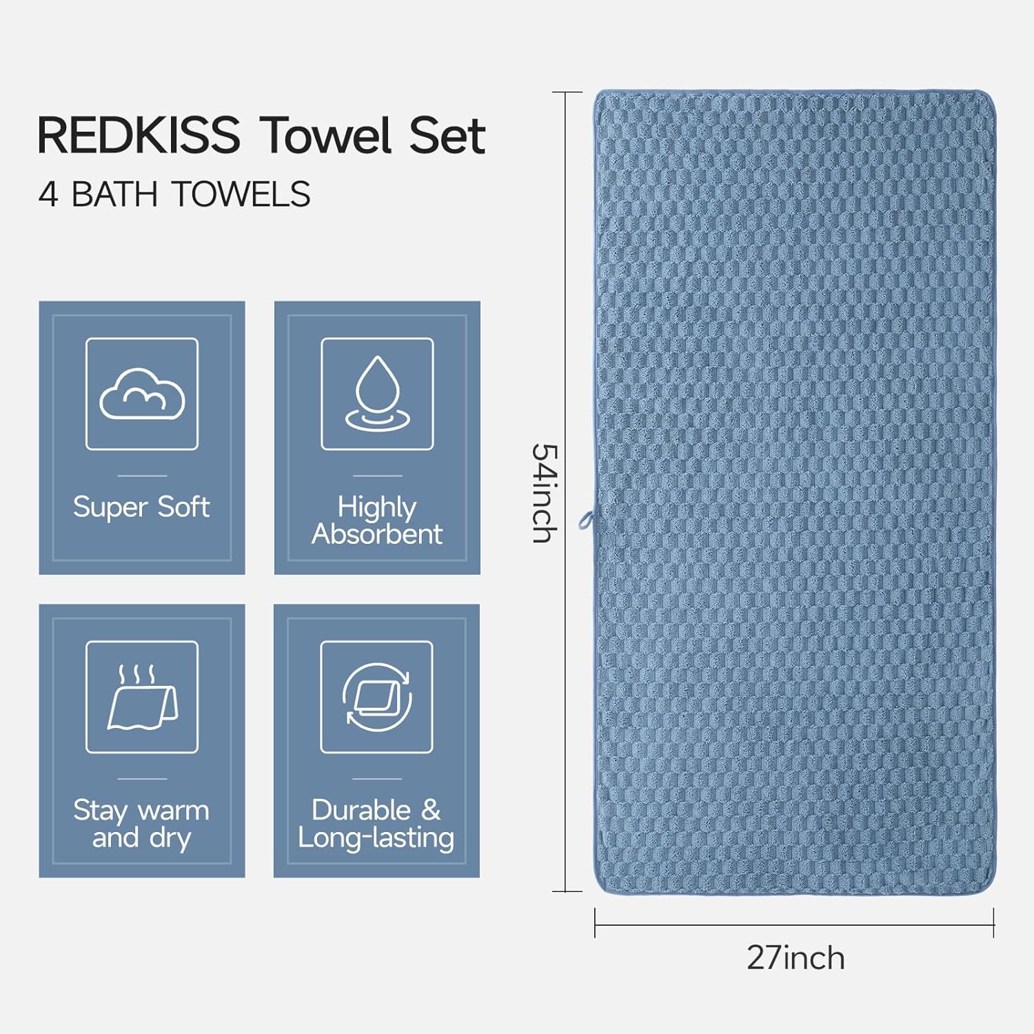 Grande serviette de bain en microfibre de 10 à 68,6 x 140,3 cm, très absorbantes, à séchage rapide, super douce, non pelucheuse et moelleuse pour salle de sport, spa (gris + bleu)