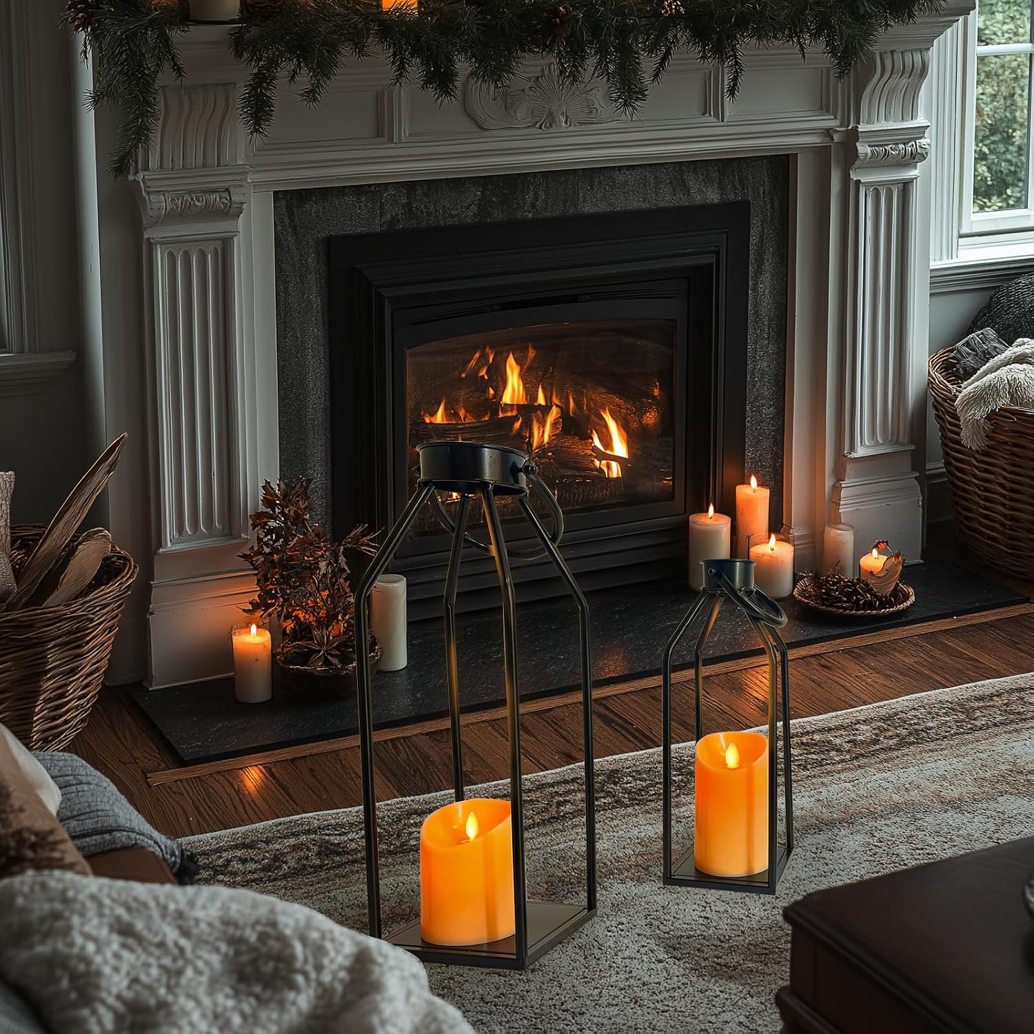LIFFY Candle Lanterns Decorative Indoor - Modern Farmhouse Lantern Home Decor - 2PCS Black Metal Candle Lanterns, Flickering Candles for Living Room, Indoor, Outdoor, Front Porch