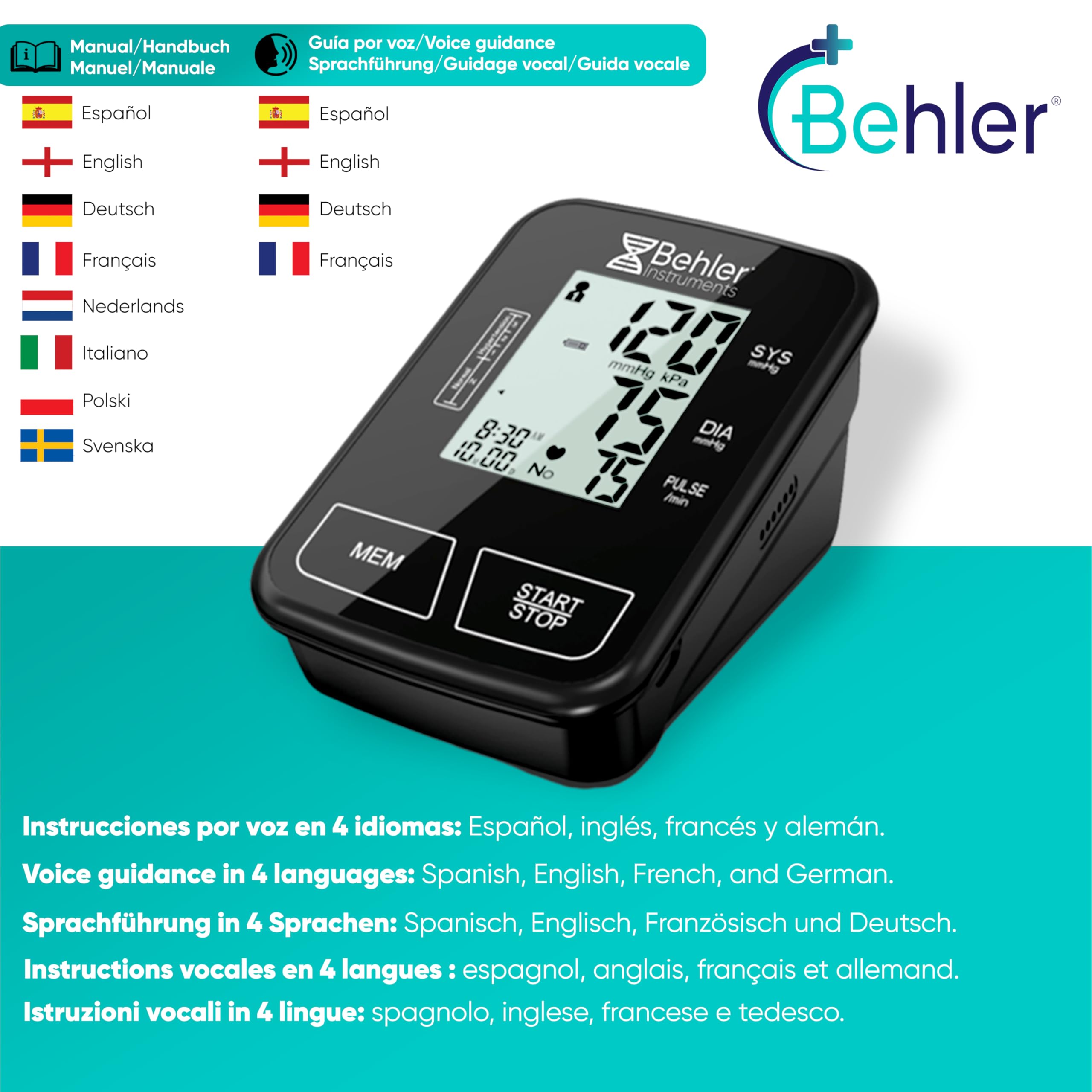 Tensiometro Brazo Digital Behler BDP-12C3 Automático – Medidor de Tensión Arterial con Voz (ES/FR/DE/EN) – Brazalete 22-42 cm – Detección de Arritmias y Promedio