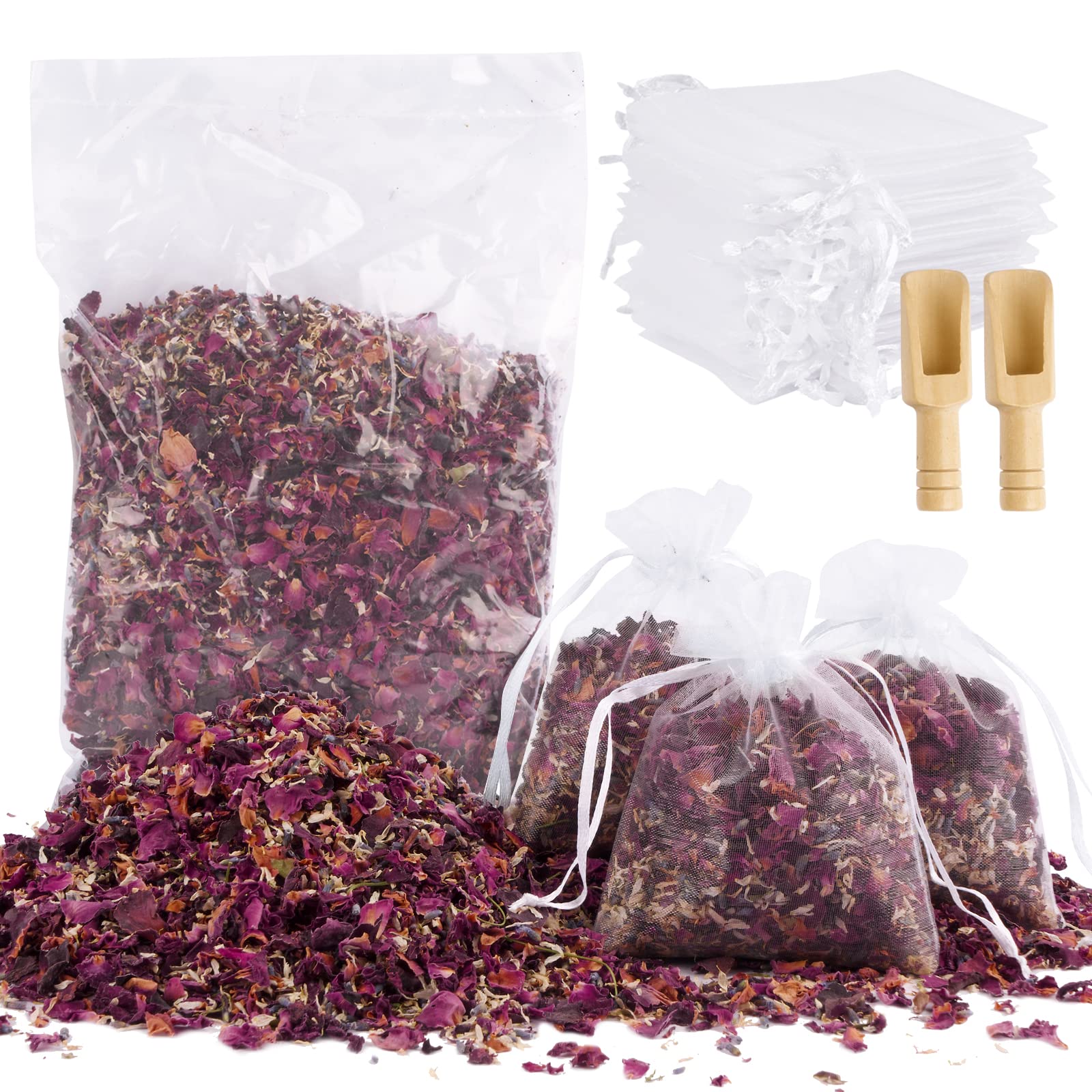 BOFUNX 100g Confeti de Boda de Pétalos Mezcla de Flores Secas Naturales de Rosa Crisantemo Lavanda+30 Bolsas de Organza+2 Cucharas para Decoración Fiesta Boda Compromiso Accesorios para Manualidades