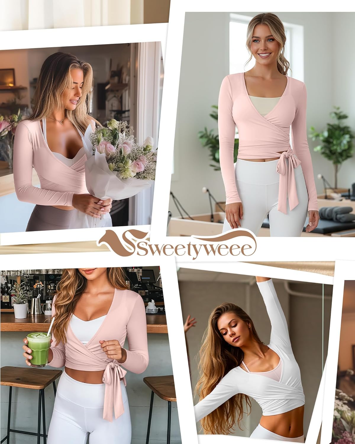Women's Wrap Tie Tops Slim Fit Ballet Pilates Yoga Workout Active Shirts Long Sleeve V Neck Casual Tees(Pink,Small) - Image 3