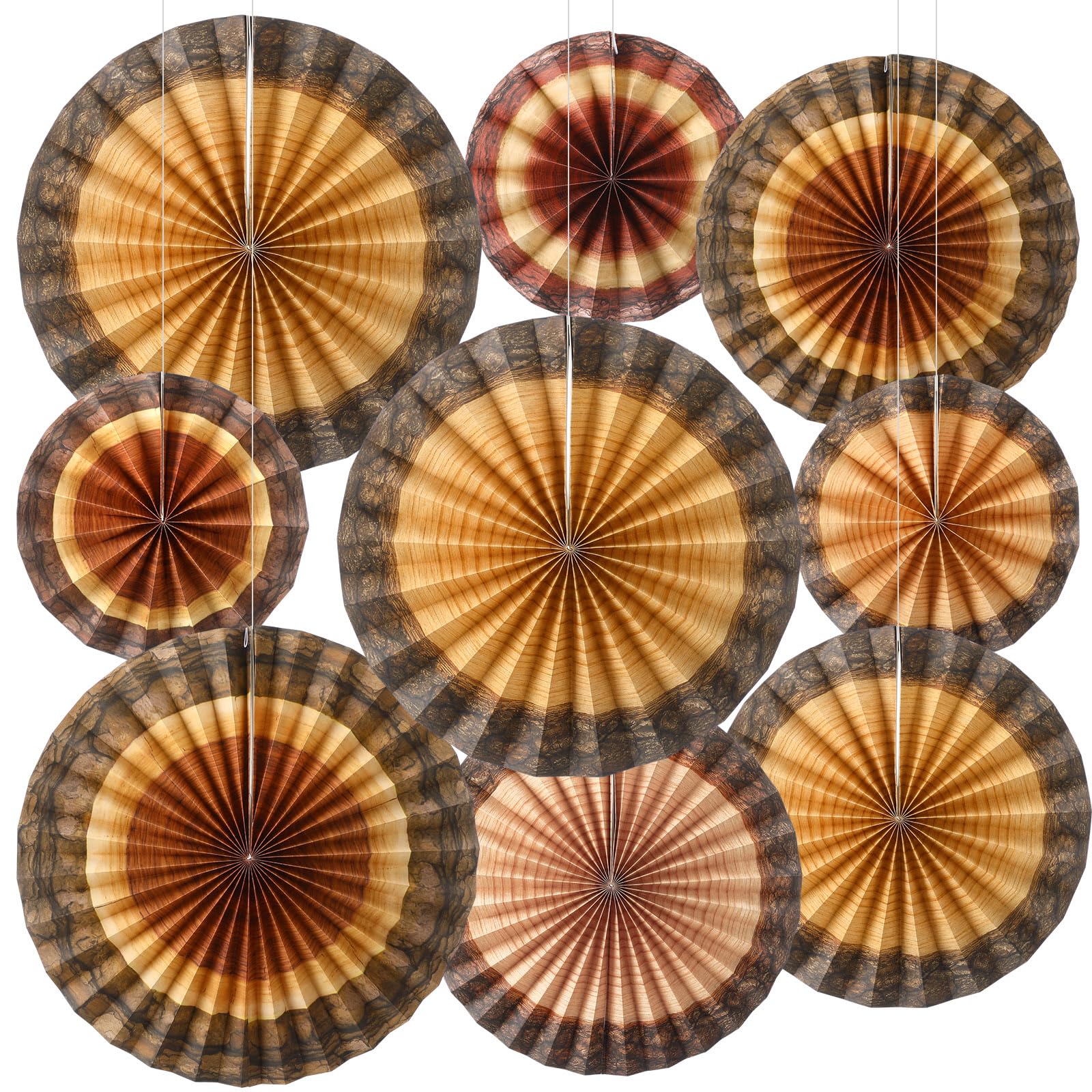 Outus 9 Pcs Enchanted Forest Wood Grain Decorations Tree Ring Paper Fans