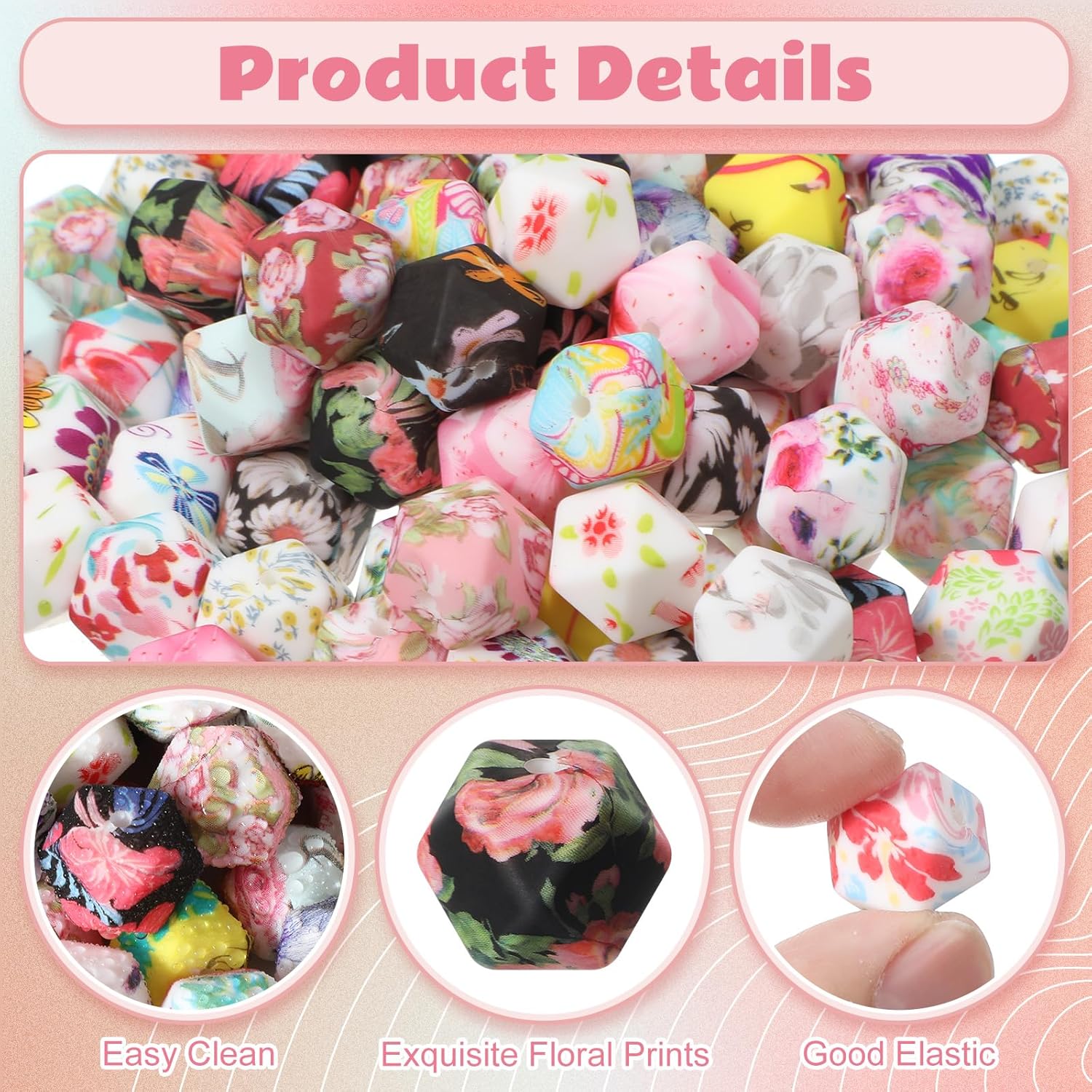 120 Pcs 14mm Silicone Beads Bulk Hexagon Flower Silicone Beads Floral Print Rubber DIY Bracelet Making Kit for Keychain Making Pens Necklace Jewelry - Image 5