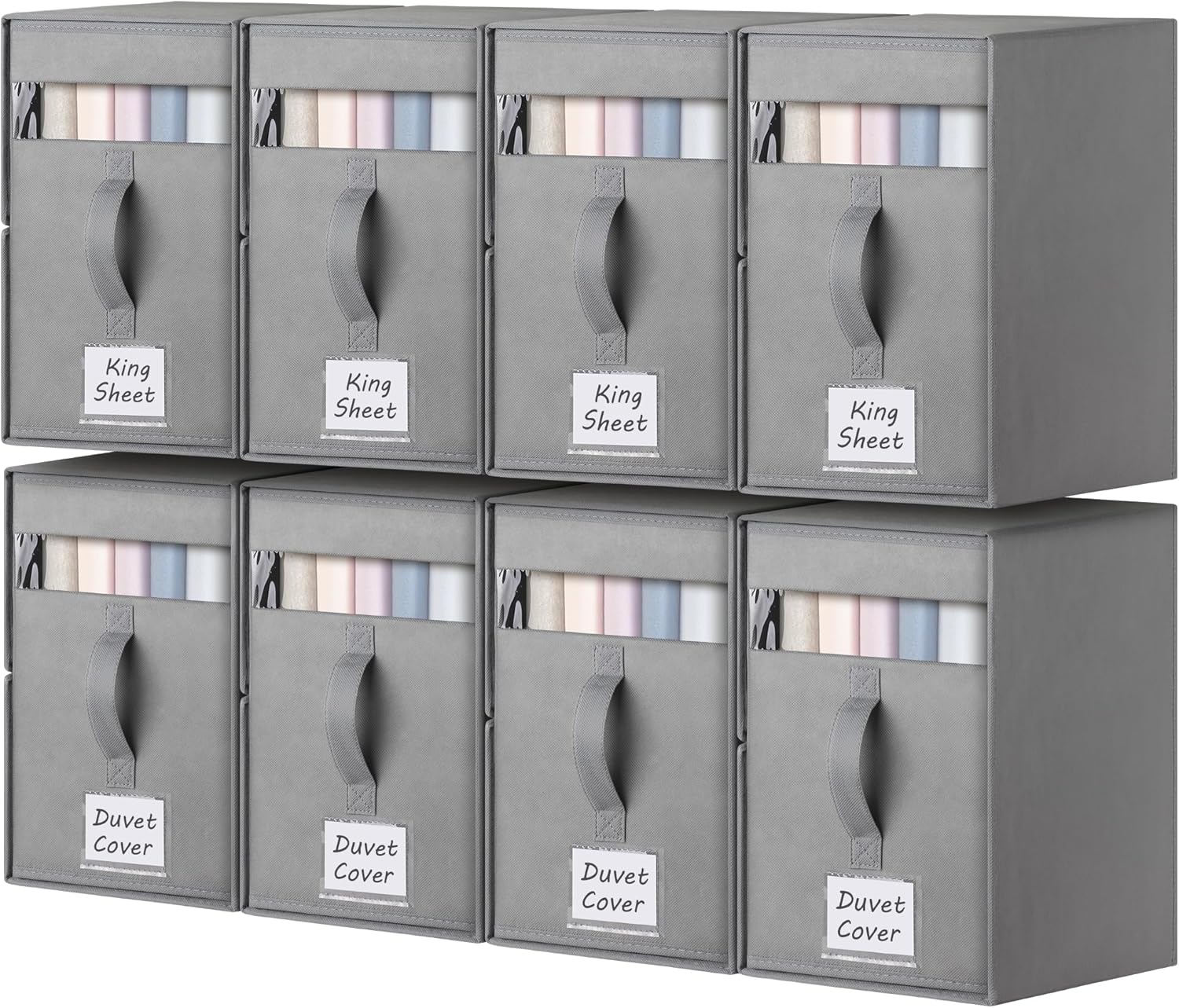 8 Pack Large Bed Sheet Organizers and Storage, (King & Queen Size) Sheet Organizer for Linen Closet, Foldable Bedding Storage Box with Window for Bedsheets, Blanket, Duvet Cover and Pillowcase