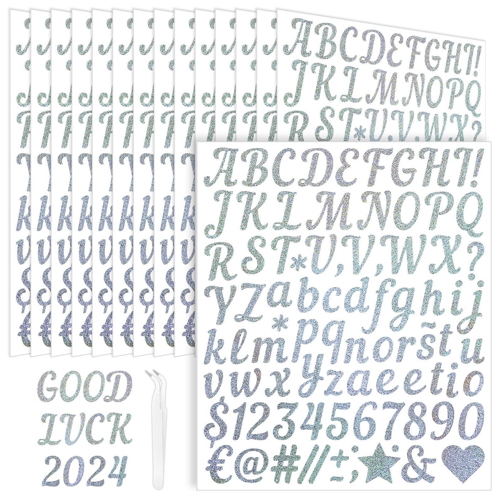 15 Sheets Gold Letter Stickers Small 1/2 Inch, Gold Tiny Alphabet Letter and Number Vinyl Stickers (Silver/1 inch)
