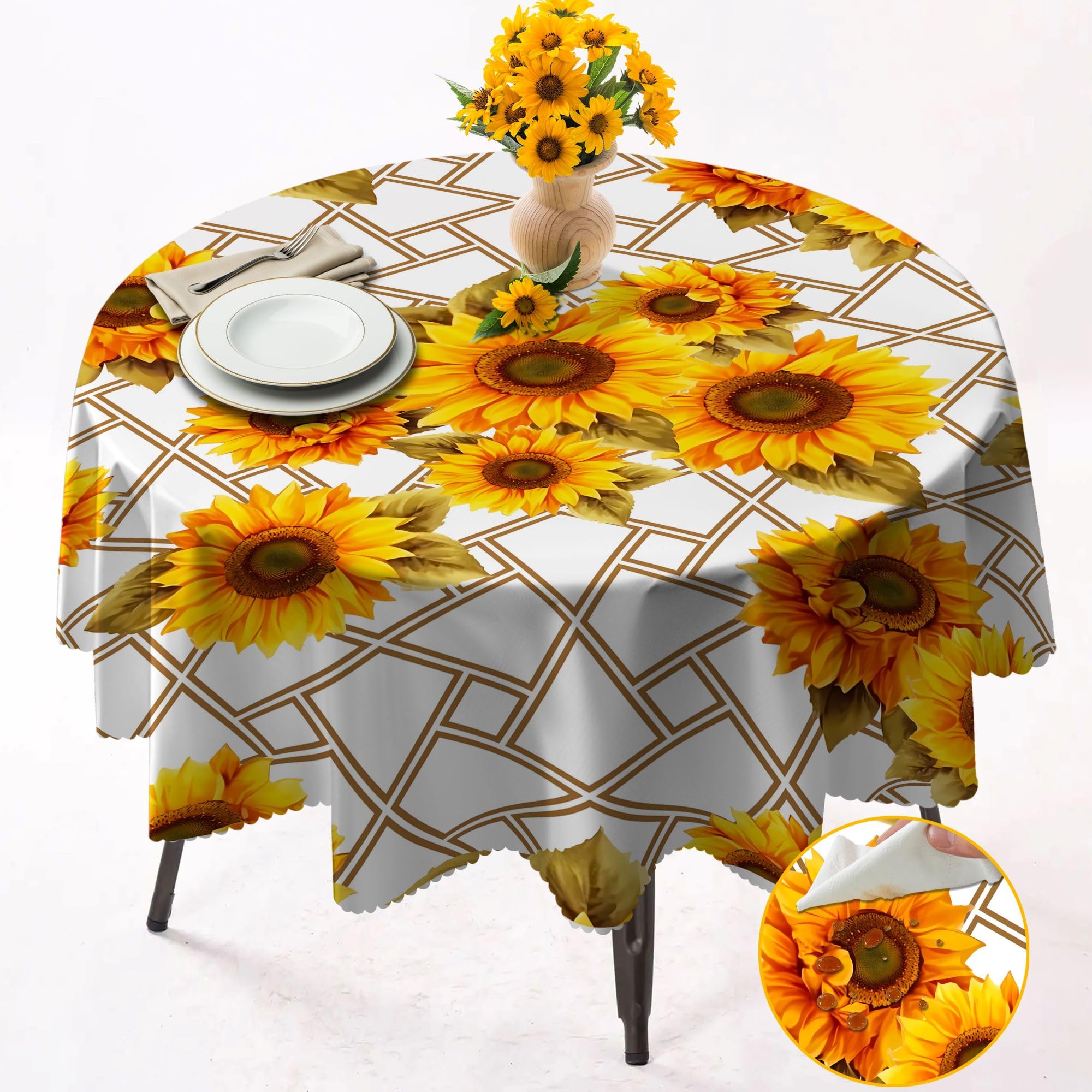Round Tablecloth 152cm Wrinkle Free Washable Polyester Table Cloth for Circular Table, Home Dining Party Use,Sunflower Round Wipe Clean Tablecloth 60 Inches (Color 07)