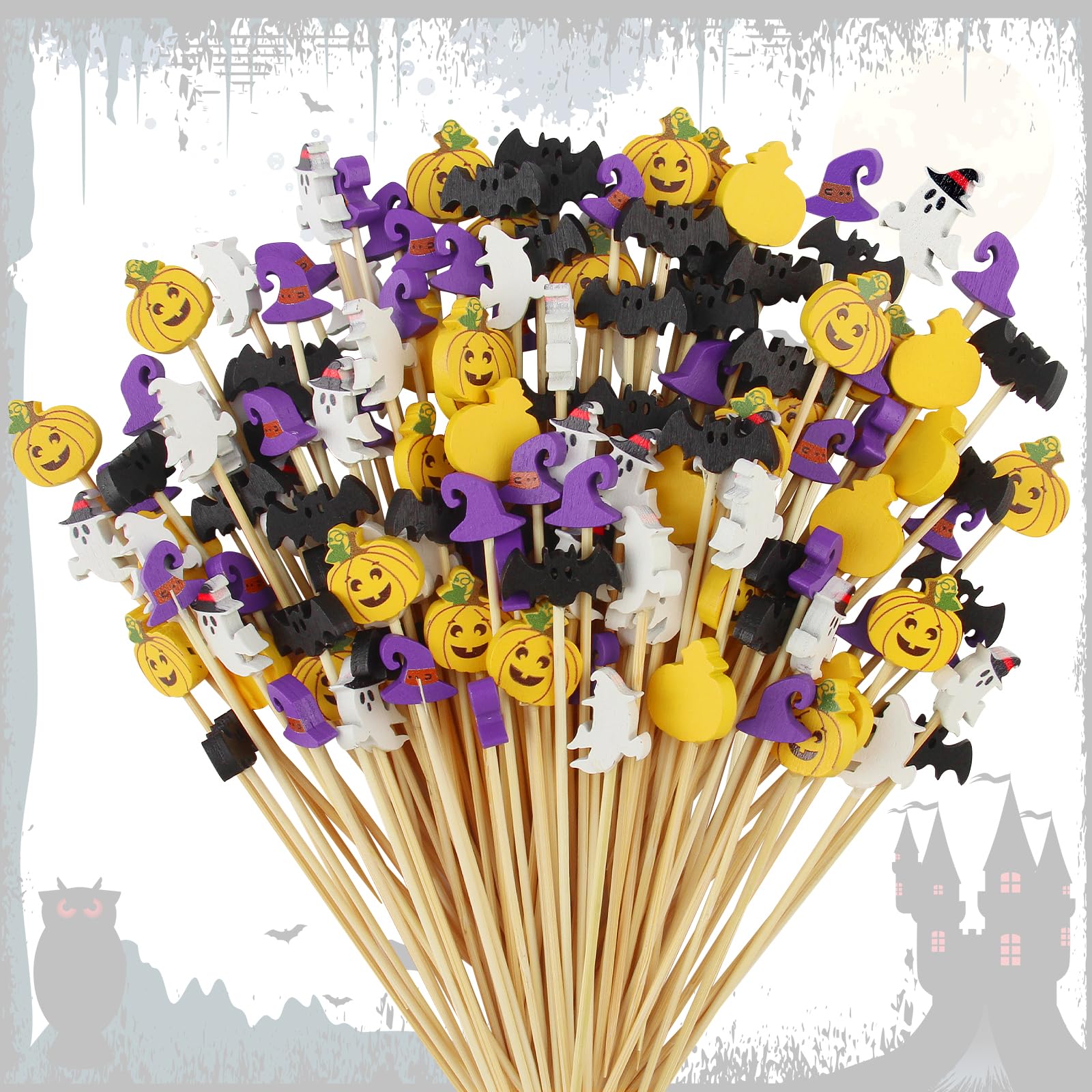 Xmart 200 Piezas Palillos Aperitivos Halloween Cóctel Brocheta Aperitivo Pinchos Cocktail con Sombrero Bruja Cabeza Calabaza MurciéLago y Decoraciones Fantasma para Temáticas Halloween Fiesta