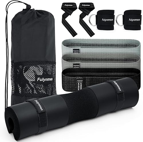 Fulynmen 8Pcs Barbell Pad Set, Hip Thrust Pad, Squat Pad, 2 Ankle Straps for Cable Machines, 4 Resistance Bands for Working Out, Barbell Pad for Hip