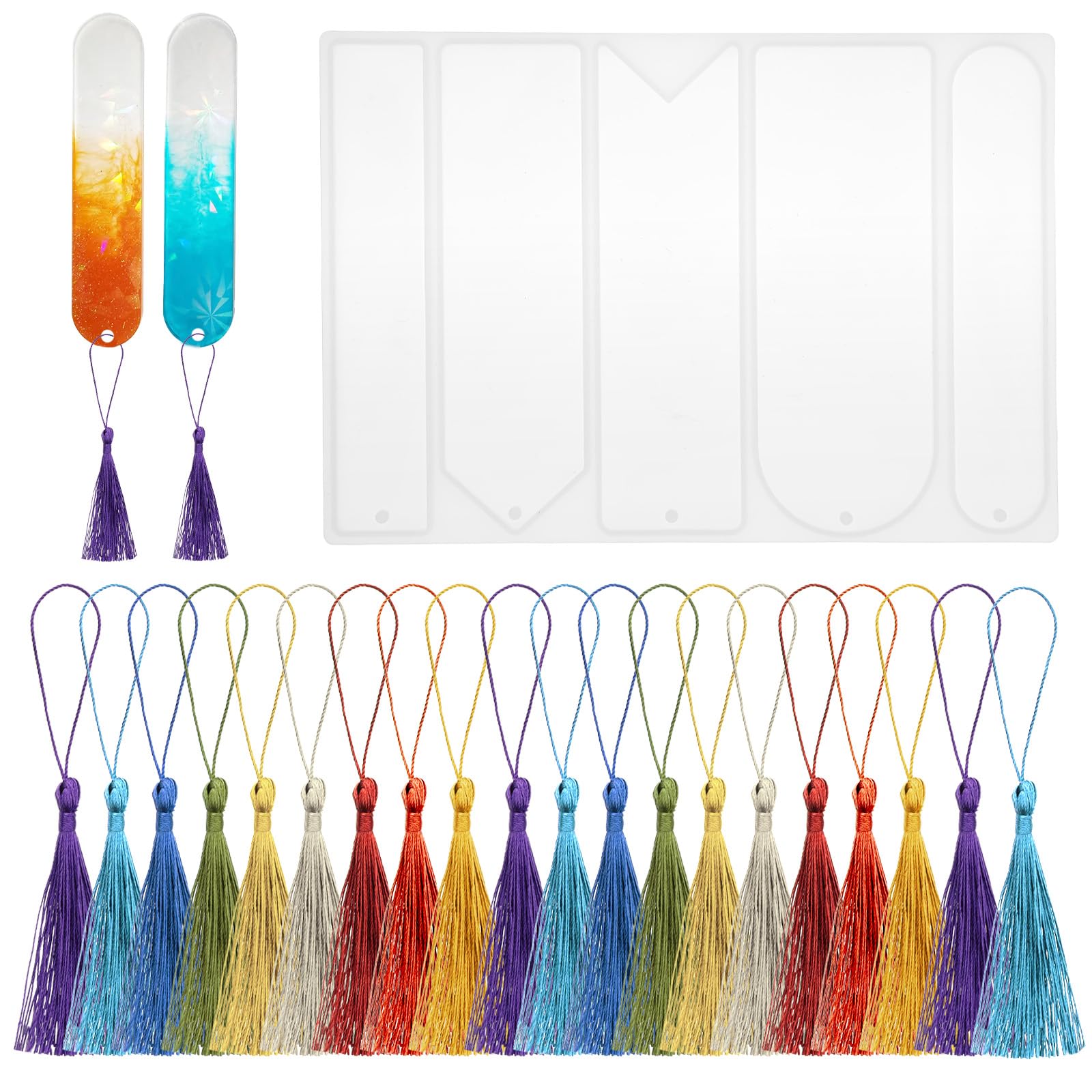 Dimeho Moldes de silicona para marcapáginas, moldes de resina con 20 borlas coloridas, 5 formas, molde para marcapáginas de resina epoxi, manualidades, arte de bricolaje