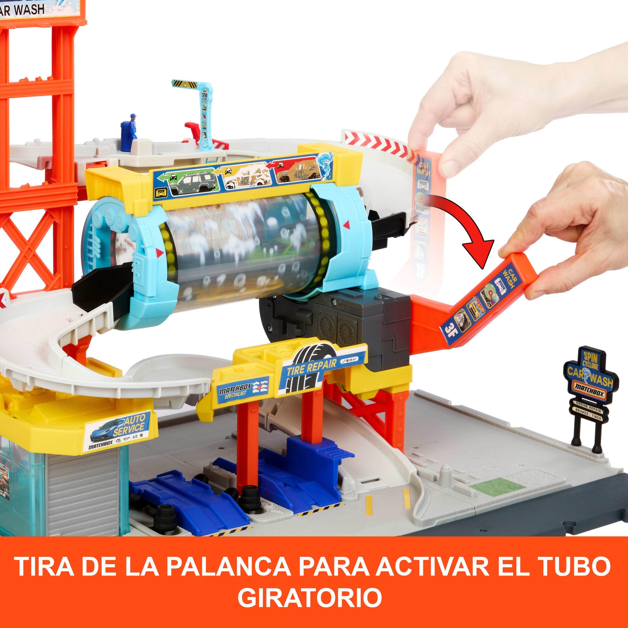 Matchbox Spin Cyclone Car Wash Conjunto de pistas, conjunto de juego con Corvette y grúa a escala 1:64 y túnel de lavado giratorio, taller y aparcamiento, JGB68