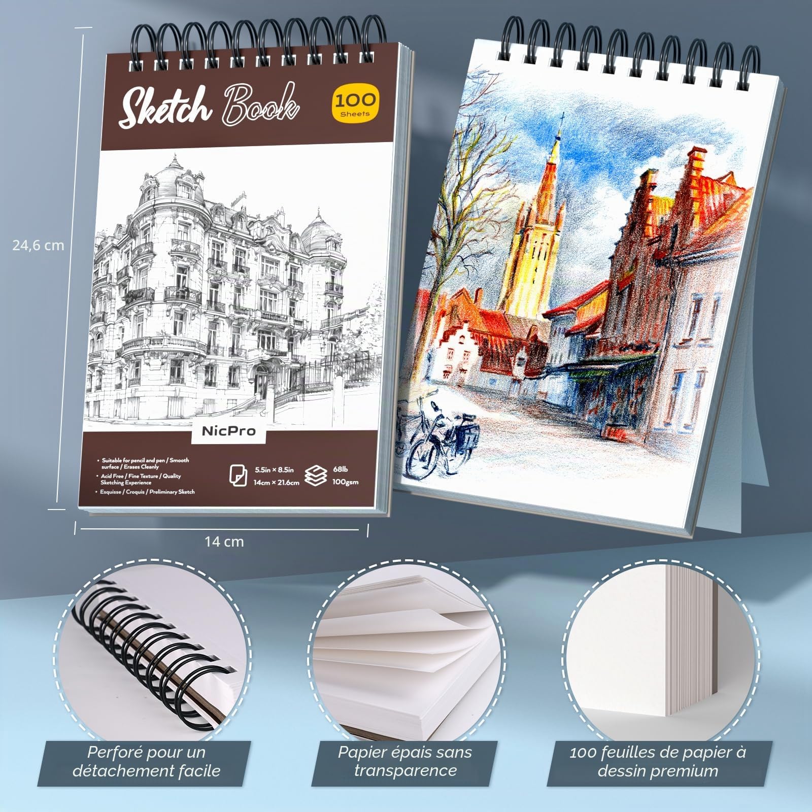 Nicpro Kit de 58 fournitures de dessin artistique dans un étui en cuir, porte mines d'art avec 6 criterium en métal de 0,5, 0,7, 0,9 et 2 mm, stylo 12 microns, carnet de croquis, 30 recharges de mine