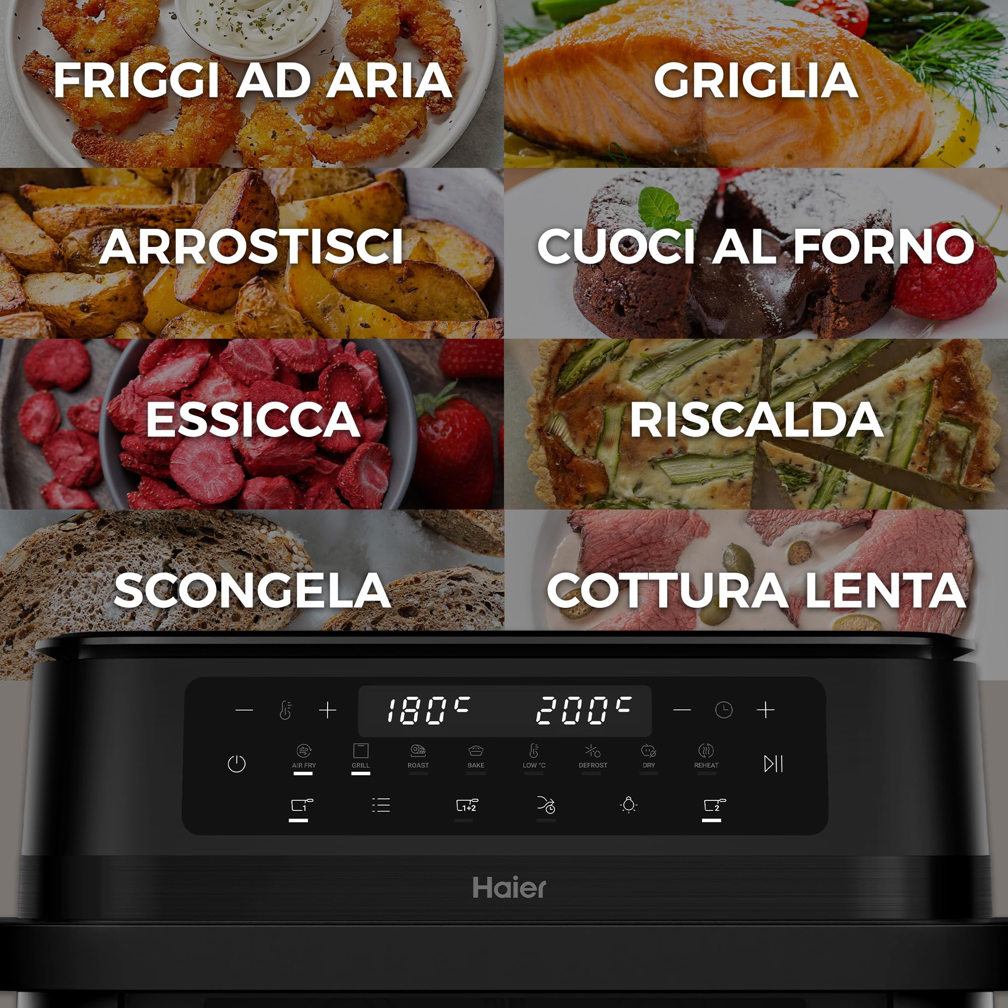 Haier Friggitrice ad Aria Doppio Cassetto 11 Litri con Finestra, 1500W, Doppio Elemento Riscaldante, Luce LED Interna, Controllo Touch, 60-200°C, App hOn, Nero HAF3ADW 011