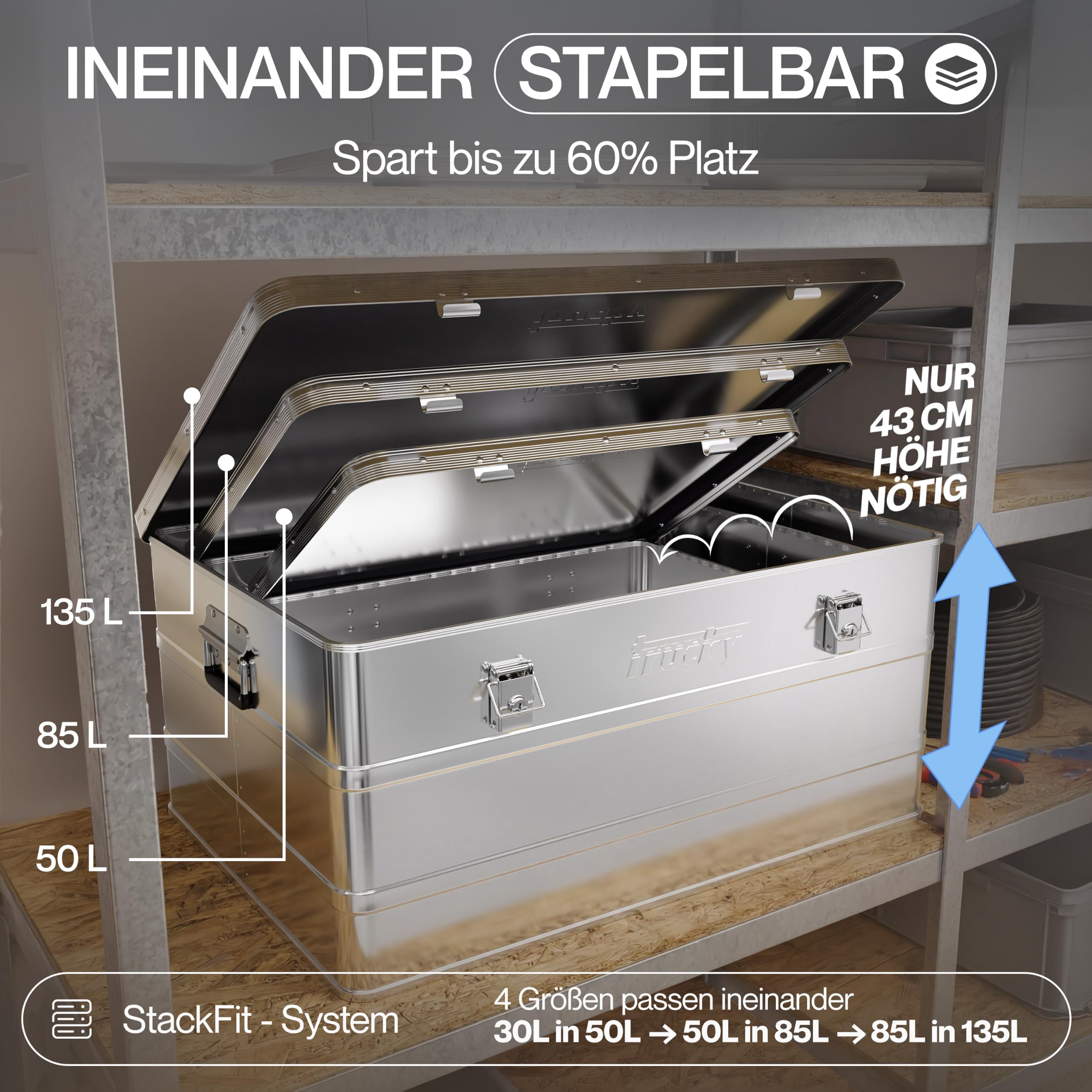 Trucky Aluminium Box mit Deckel Silber Alukiste 50L Alu Kiste Abschliessbar | Transportbox, Metallbox, Aufbewahrungsbox, Metallkiste