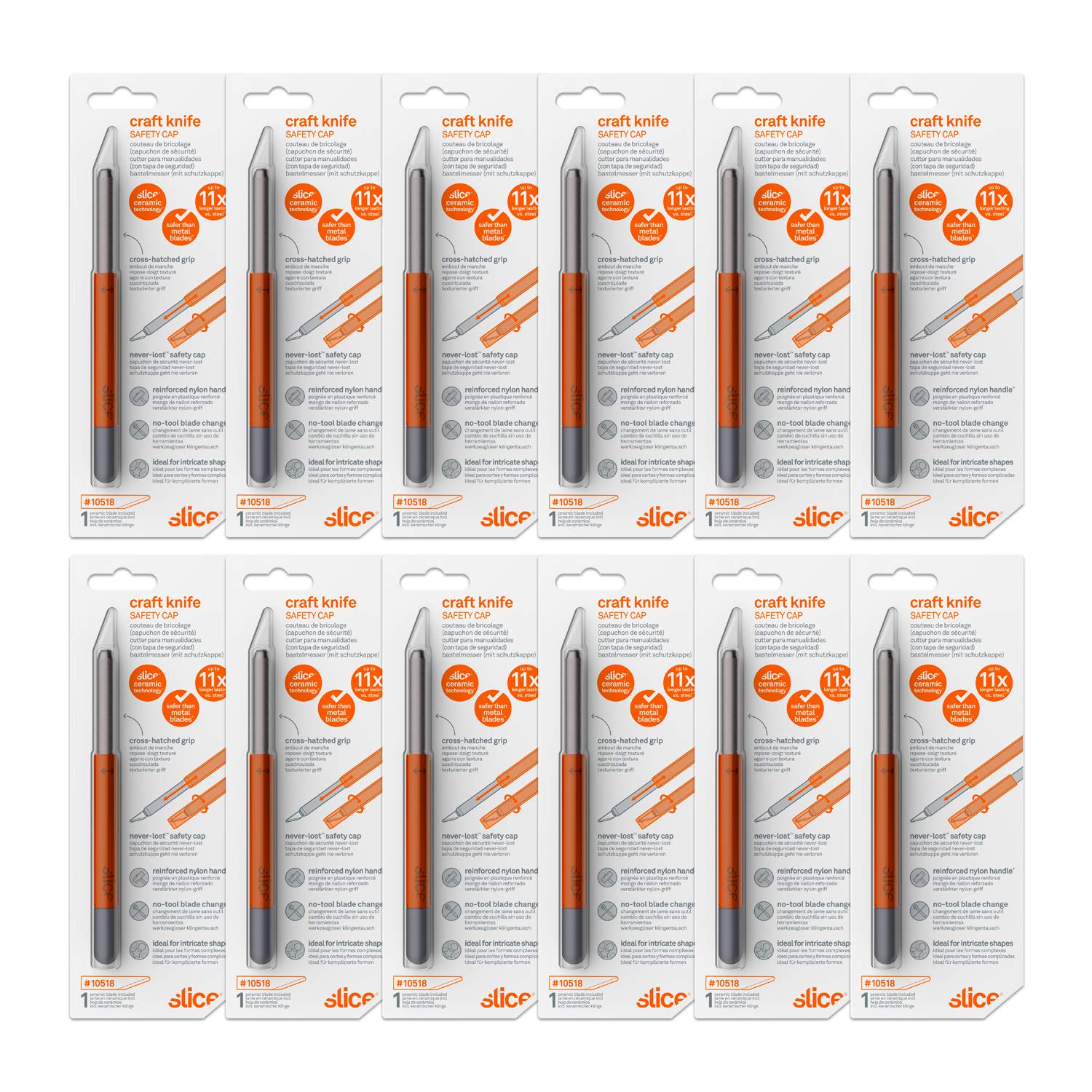 Slice 10589 Craft Knife, Finger-Friendly Edge, Ceramic Blade Never Rusts, Lasts 11x Longer Than Metal, Precision Cutting, Twisting Safety Cap, 12 Pack